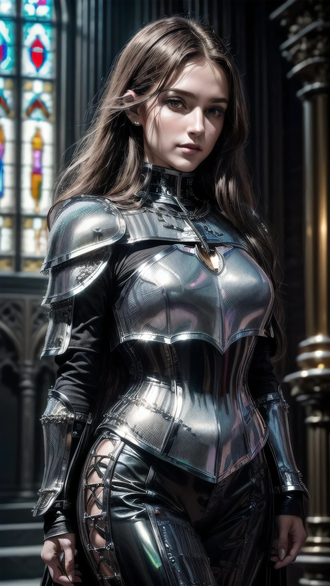 (masterpiece), (extremely intricate:1.3), (realistic), portrait woman (((medieval paladin, (((lacquered reflective iridescent black armor:1.7, cleric, holy symbol, chrome rivets, deadly, [flat chest:medium breasts:0.8])), photorealistic, hyper-realistic, smiling, wind blown blowing straight long [dark hair:ginger hair:0.5]), tattoo:0.9)), indoor, stained glass, medieval church, intense sunlight, professional photograph of a stunning woman detailed), ((dynamic pose)), sharp focus, dramatic, award winning, cinematic lighting, volumetrics dtx, (film grain, blurry background, blurry foreground, bokeh, depth of field, interaction), 8K