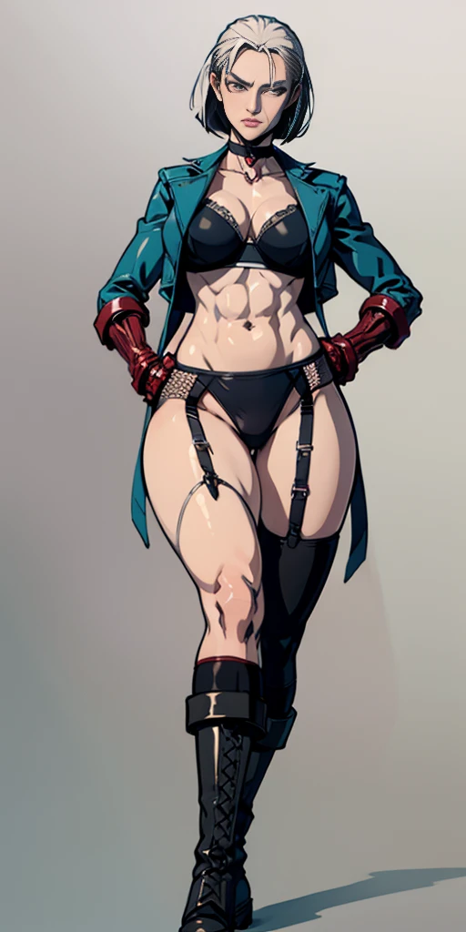 ((Plain background 1:2)) (Cammy White Street Fighter white silver short bob haircut) Female full body standing straight symmetrical looking to the viewer RED full body armored (handcuffs, shackles, rerebrace, faulds, poleyn, gauntlets, leather collar choker, gloves, gauntlets, high boots bootstraps, black stockings) 2 crossing big belt under belly button, navel, abs, garter straps belts attaching bra ((hands on hips)) view from below, wide hips - choppy bangs, arched crescent eyebrows, sharp and determined eyes, a delicate oval face, a serious expression, a fantasy-style dark green military coat, draped with a dark red cloak, leather combat boots, silver greaves leggings, this character embodies a finely crafted fantasy style female military officer in anime style, exquisite and mature manga art style, pale skin, big breast knockers cleavage,