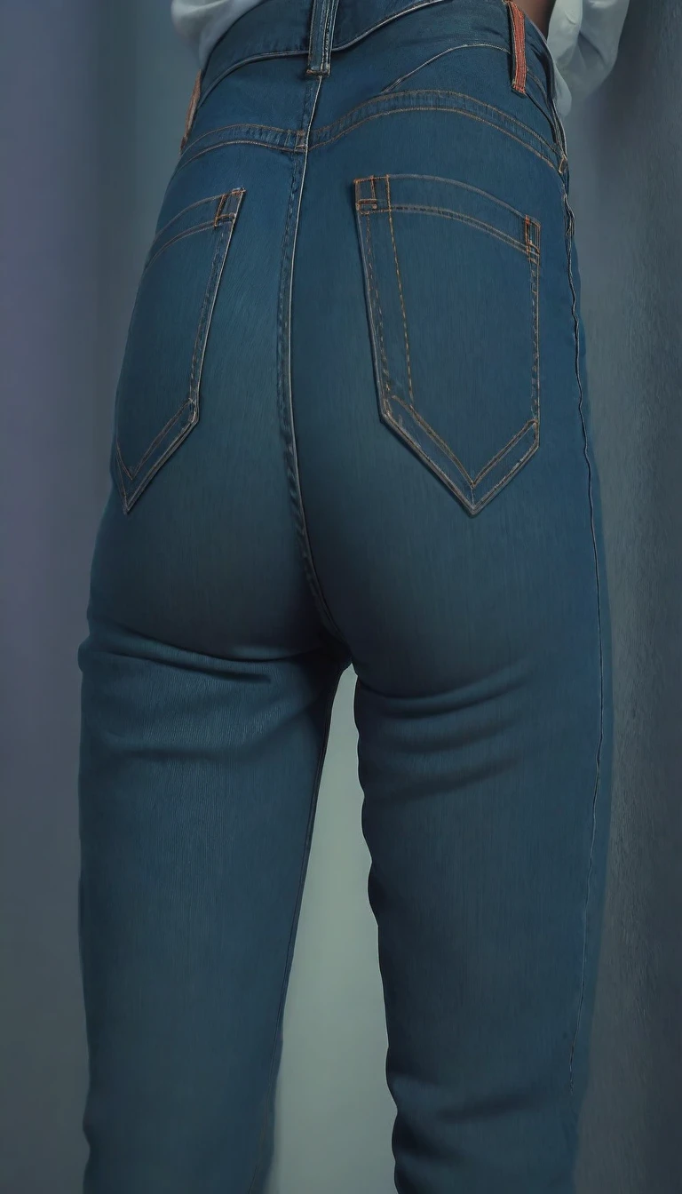 A close-up view of a woman in a white button-up shirt and a pair of blue jeans; in front of the wall; cinematic lighting; HD; twerking