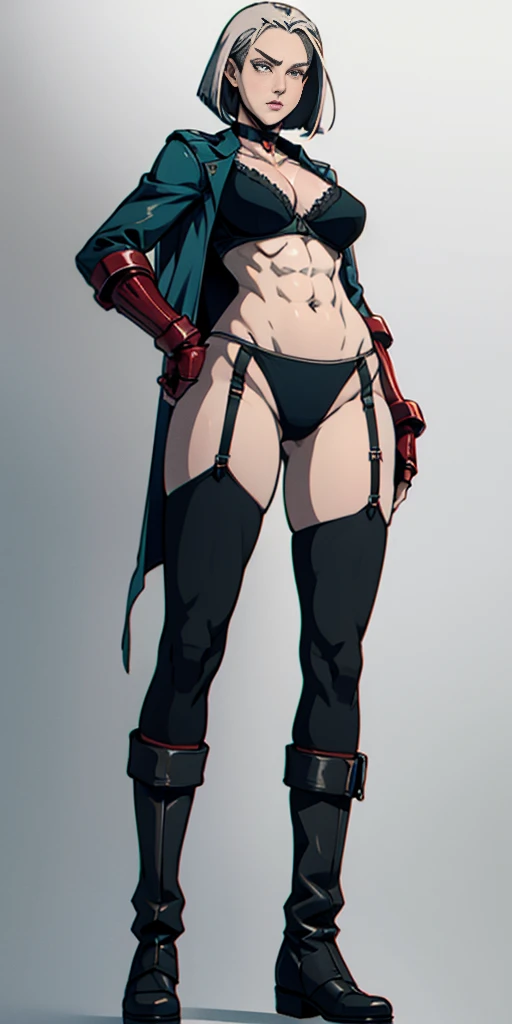 ((Plain background 1:2)) (Cammy White Street Fighter white silver short bob haircut) Female full body standing straight symmetrical looking to the viewer RED full body armored (handcuffs, shackles, rerebrace, faulds, poleyn, gauntlets, leather collar choker, gloves, gauntlets, high boots bootstraps, black stockings) 2 crossing big belt under belly button, navel, abs, garter straps belts attaching bra ((hands on hips)) view from below, wide hips - choppy bangs, arched crescent eyebrows, sharp and determined eyes, a delicate oval face, a serious expression, a fantasy-style dark green military coat, draped with a dark red cloak, leather combat boots, silver greaves leggings, this character embodies a finely crafted fantasy style female military officer in anime style, exquisite and mature manga art style, pale skin, big breast knockers cleavage,