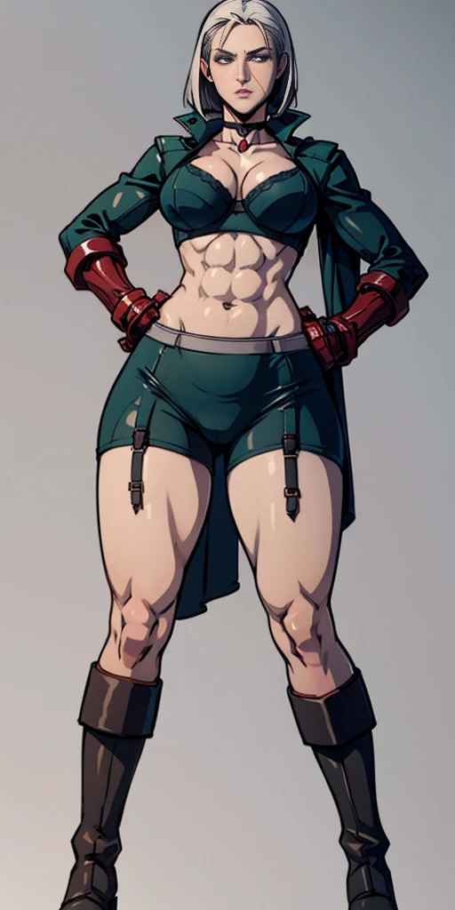 ((Plain background 1:2)) (Cammy White Street Fighter white silver short bob haircut) Female full body standing straight symmetrical looking to the viewer RED full body armored (handcuffs, shackles, rerebrace, faulds, poleyn, gauntlets, leather collar choker, gloves, gauntlets, high boots bootstraps, black stockings) 2 crossing big belt under belly button, navel, abs, garter straps belts attaching bra ((hands on hips)) view from below, wide hips - choppy bangs, arched crescent eyebrows, sharp and determined eyes, a delicate oval face, a serious expression, a fantasy-style dark green military coat, draped with a dark red cloak, leather combat boots, silver greaves leggings, this character embodies a finely crafted fantasy style female military officer in anime style, exquisite and mature manga art style, pale skin, big breast knockers cleavage,