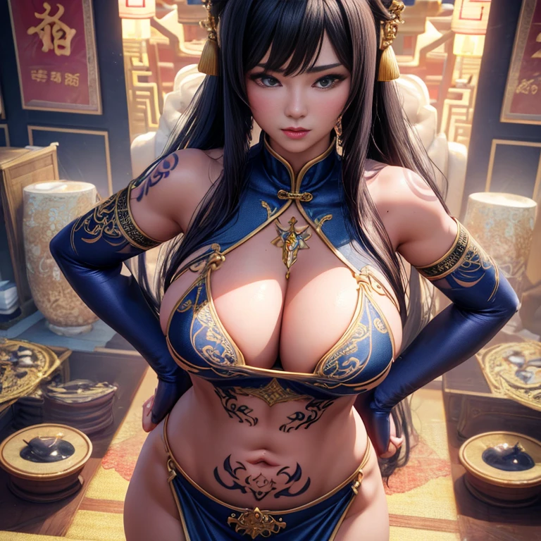 Game Art，CG Animation，Best image quality，Maximum resolution，8k，(Half-body photo)，(Portraiture)，(Head close-up)，(Three-part method)，Unreal Engine 5 rendering，20-year-old girl，((Queen))，The eyes are very detailed，(Large Breasts)，Elegant and noble，Cinema Lighting，Ray Tracing，Game CG，((3D Unreal Engine))，OC Rendering Reflection Mode，4K，Ultra Clear，Translucent lace，Fair skin and plump figure，Pretty face，Glossy gel coat，身着华贵礼服的Queen，Put your hands behind your back，Body Tattoo Designs，The tattoo is very delicate，Chest tattoo is Chinese(The Chinese write:：hell)，Hands on hips、Camel Toe、Giant tit、Nipple Puffs、Cleavage、Plump、Super big breasts、Super big butt