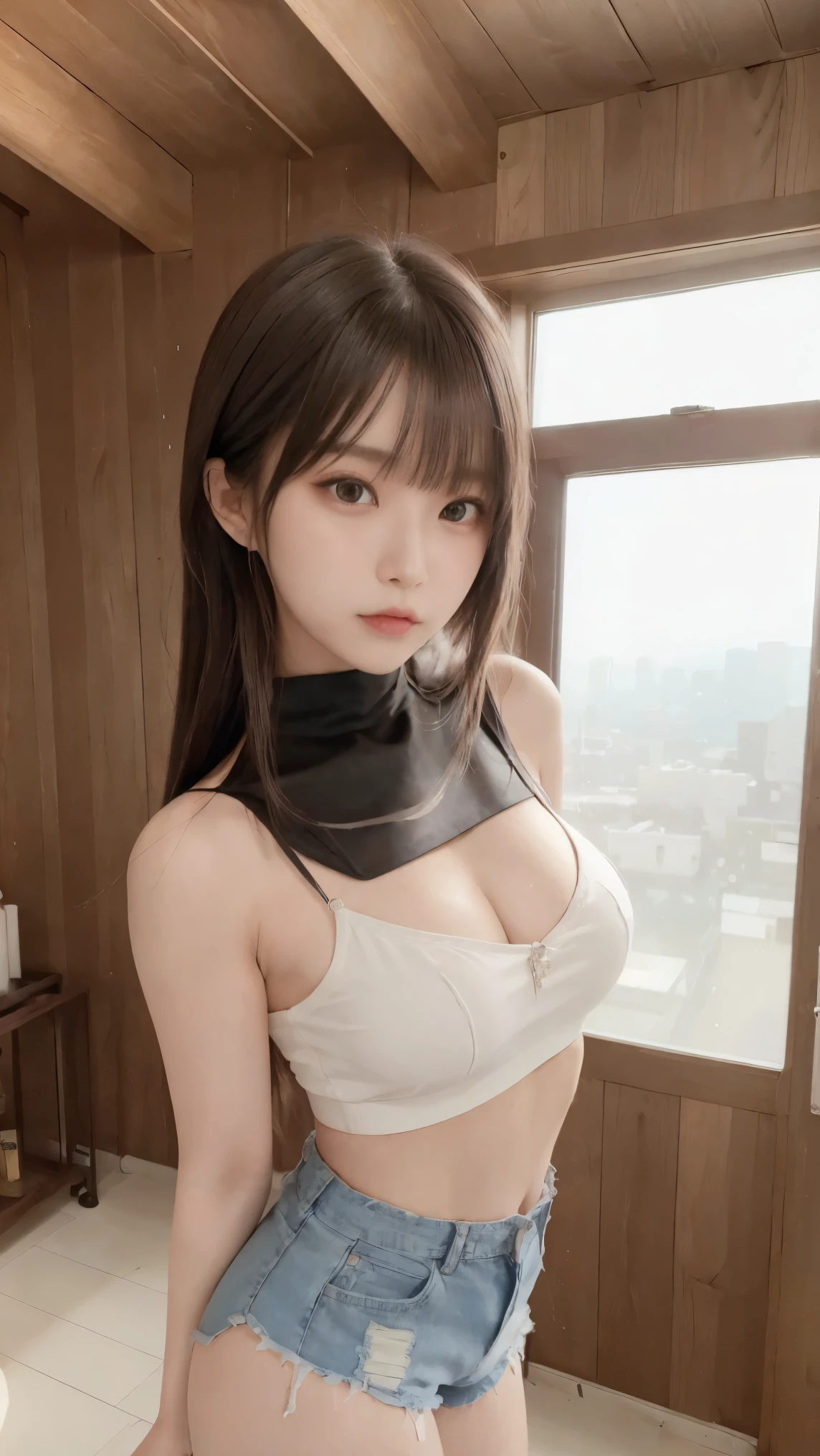 (Genuine, High resolution:1.3)、((High Reality, 8k, masterpiece: 1.3)), ((Very detailed)),(Realistic:1.2),8k,(High resolution),(Written boundary depth:1.2),(Written boundary depth:1.3), (highest quality:1.0), (Very detailed CG 8k 壁紙), (超A high resolution:1.0),concentrate: 1.2, Perfect body beauty: 1.4, Hip: 1.2, (Layered Haircut: 1.2)), (Dark Street: 1.3), Very detailed顔と肌の質感, Delicate eyes, double eyelid, White skin, Long Hair, (Round face: 1.5), (loose crop top, Shorts: 1.6)、(Very delicate and beautiful), (Tabletop), Beautiful lighting ,Perfect Lightning, Genuine影,Detailed skin, Very detailed (((colorful))),(Amazing photos of beautiful Japan women),(Character Focus),Perfect Anatomy,(Professional Lighting),
(One Girl),(young),(Raise your arms),
View audience,(walking),
((Beautiful details)),(thin顔:1.2),Thick eyebrows,(Drooping eyebrows),((Glasses))、(We say:1.2),(Blue Eyeshadow),Big eyes,(Brown eyes:1.3),((Big Breasts))、(smile),blush,(非常にDetailed skin),
(Lips parted:1.1),(Lips become thicker:1.2),(Glossy Lips),(lipstick)、Braiding,(black medium hair),(Let's grow your hair back),((Wide forehead)),(thin:1.2),
(Ideal body type:1.1),(Tall body:1.2),Attractive thighs,Attractive waist circumference,
(Flat Chest:1.35), ( Visible through clothing),(Muscular:1.25),(Skin-tight clothing:1.3),
(ハイカットデニムShorts:1.4),(White tube top:1.3),Looking at the camera, Cowboy Shot, look forward to, Standing posture, Contrasting, Dynamic Lighting,