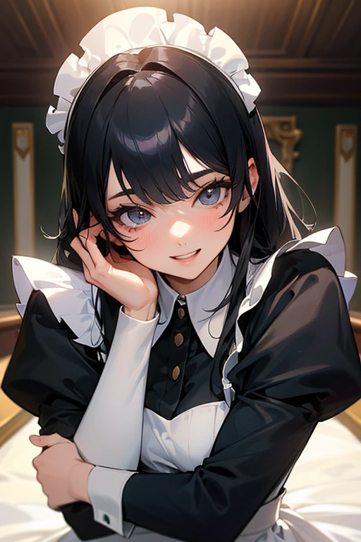 (Highest Resolution, clear_image) highest quality, Single person, One Woman, alone, masterpiece, Very detailed, Semi-realistic, Black Hairのショートヘア, Black Hair, bangs, 18-year-old, mature, light blue uniform, uniform, Indoor Background, kind, Authoritative, powerful, exquisite features, exquisite features、Eyelashes become longer、Showing teeth、smile😀、Maid clothes、Touching hair、