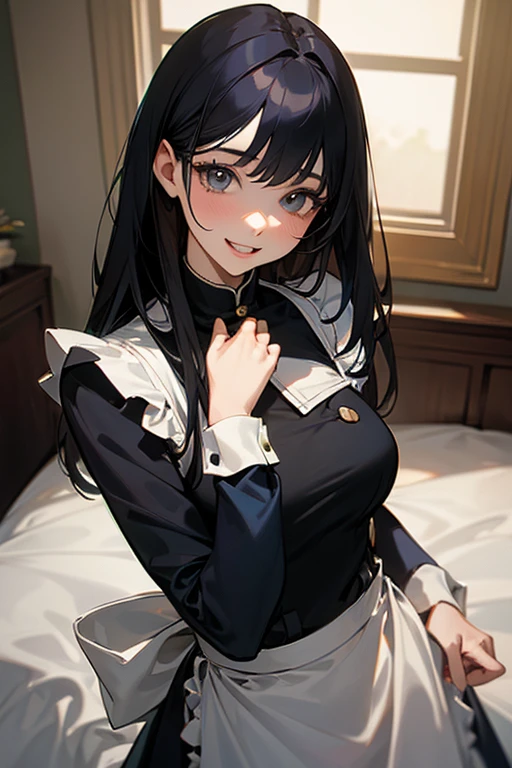 (Highest Resolution, clear_image) highest quality, Single person, One Woman, alone, masterpiece, Very detailed, Semi-realistic, Black Hairのショートヘア, Black Hair, bangs, 18-year-old, mature, light blue uniform, uniform, Indoor Background, kind, Authoritative, powerful, exquisite features, exquisite features、Eyelashes become longer、Showing teeth、smile😀、Maid clothes、Touching hair、