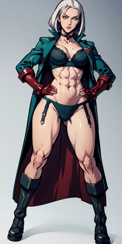 ((Plain background 1:2)) (Cammy White Street Fighter white silver short bob haircut) Female full body standing straight symmetrical looking to the viewer RED full body armored (handcuffs, shackles, rerebrace, faulds, poleyn, gauntlets, leather collar choker, gloves, gauntlets, high boots bootstraps, black stockings) 2 crossing big belt under belly button, navel, abs, garter straps belts attaching bra ((hands on hips)) view from below, wide hips - choppy bangs, arched crescent eyebrows, sharp and determined eyes, a delicate oval face, a serious expression, a fantasy-style dark green military coat, draped with a dark red cloak, leather combat boots, silver greaves leggings, this character embodies a finely crafted fantasy style female military officer in anime style, exquisite and mature manga art style, pale skin, big breast knockers cleavage,