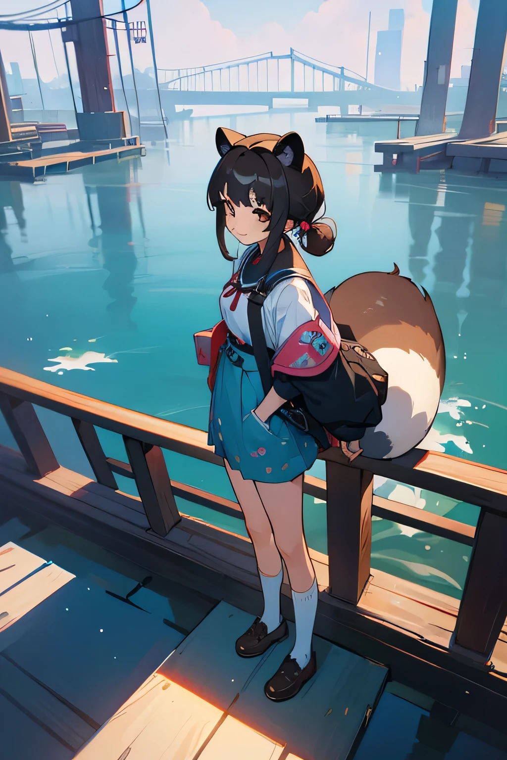 Raccoon Lady，Female student costume，Clear facial features，Jiangnan water town background，Shy expression，People standing on the bridge，Eye contact，Smiling Face，Full body composition，Backlit environment，Animal ears，Q print style，Raccoon tail，Brown hair，Bangs，Medium-length hair，Side bun，individual，White bubble socks，Black leather shoes，Handrail bridge guardrail，Inner eight standing posture，Anime style，Vaporwave style