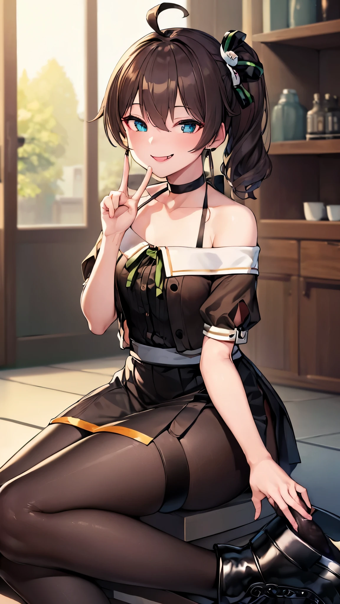  ((((Open your mouth))))、masterpiece,highest quality,High resolution,Ultra-detailed,bb Festival,meだium hair,skinny,Ahoge,Brown Hair,(((((  seductive smile ))))),skinny,Hair between the eyes,bangs,Hair Ribbon,Black Choker,Earrings,Black Ribbon,plaiだ shirt,Grey Shirt,shoulだer cutout,Short sleeve,See-through sleeves,Black Skirt,High Waist Skirt,race,perfect finger  ,  shoes下,(black shoes下:1.4),race trim,shoes,Black footwear,Indoors,(Cafe:1.2),((handjob gesture:1.5))、Sitting,Chair,heavy breathing ,