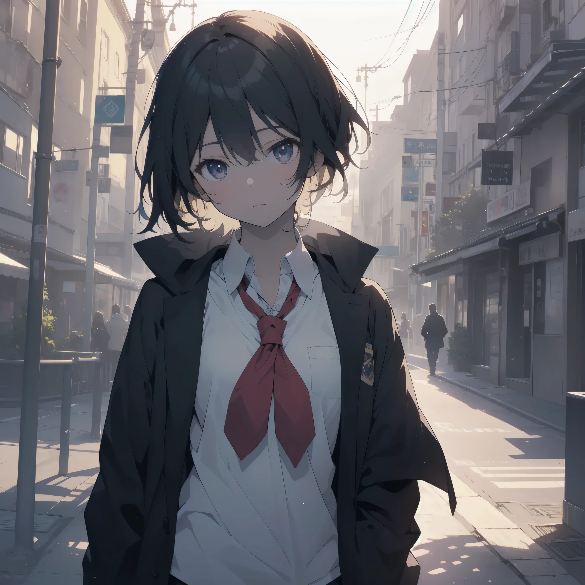 ultra-absurdres-Top quality by artist God, ultra-detailed, high resolution, anime moe artstyle, best anime 8k konachan wallpaper, pixiv contest winner, pool:2810, perfect anatomy,break, 1girl, (Please draw a girl walking sleepily to school alone. )break,(Solo,little female, 13-year-old:1.3),Full limbs, complete fingers,a junior high school student, (very short hair), short cut, flat chest, , small butt, small black eyes, beautiful detailed eyes, well-proportioned iris and pupils, expressive eyes, highres detailed hair, soft expression, school_uniform, serahuku, neckerchief, sailor shirt, pleated skirt,(Detailed Lighting), (Detailed background), in the School commute route. break,super detailed skin, Best cinematic lighting powered by famous artist, 8k,beauty illustration,photoshop_(medium),very aesthetic,break,((artist:sirabi )), artist:bolze ,artist:oyari ashito ,artist:kantoku ,