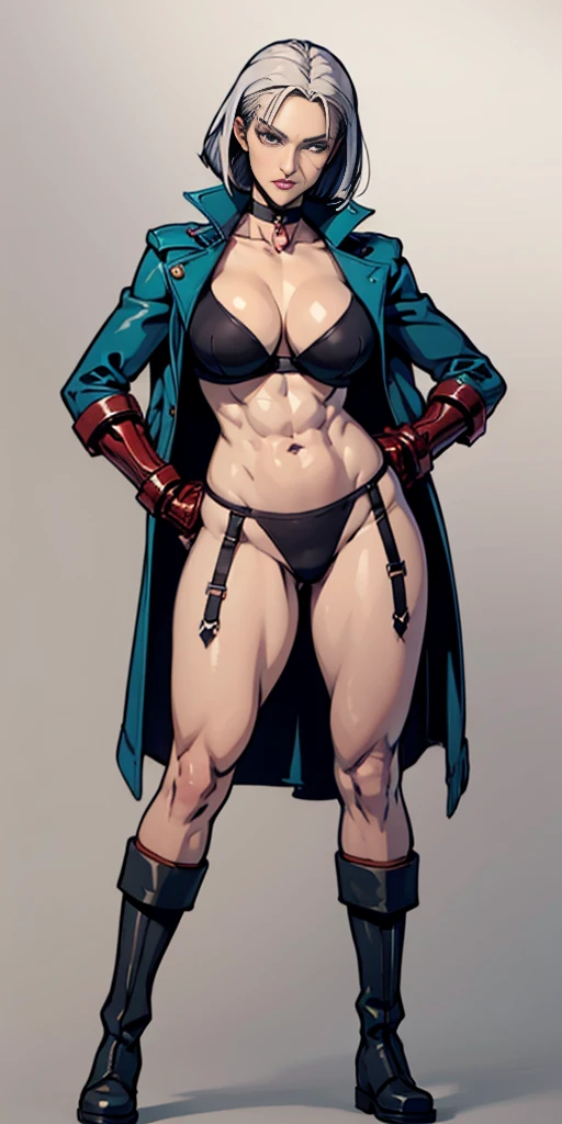 ((Plain background 1:2)) (Cammy White Street Fighter white silver short bob haircut) Female full body standing straight symmetrical looking to the viewer RED full body armored (handcuffs, shackles, rerebrace, faulds, poleyn, gauntlets, leather collar choker, gloves, gauntlets, high boots bootstraps, black stockings) 2 crossing big belt under belly button, navel, abs, garter straps belts attaching bra ((hands on hips)) view from below, wide hips - choppy bangs, arched crescent eyebrows, sharp and determined eyes, a delicate oval face, a serious expression, a fantasy-style dark green military coat, draped with a dark red cloak, leather combat boots, silver greaves leggings, this character embodies a finely crafted fantasy style female military officer in anime style, exquisite and mature manga art style, pale skin, big breast knockers cleavage,