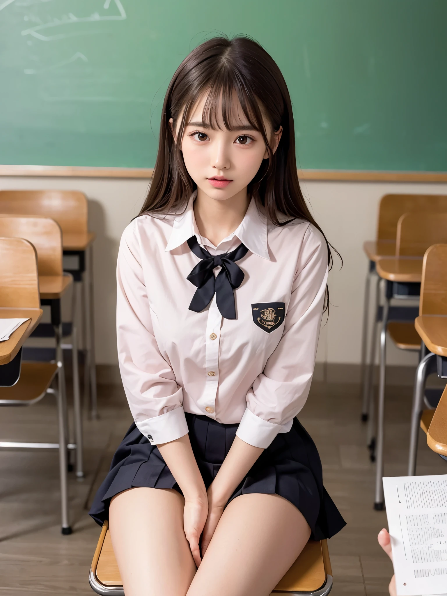 (Showing off panties:1.2), (Professional portrait, Realistic and perfectly shaped subjects:1.3), (masterpiece, highest quality:1.2), (Realistic, Ultra-realistic, Realistic:1.3), (ultra High resolution), High resolution, Intricate details, Super detailed, (Highly detailed CG, unity 8k wallpaper:1.3), Clear image,
break
(1 Japanese girl, 16 years old), (cute, Slender figure), (Perfect Anatomy, Correct limbs:1.2), (Perfect hands), Perfect Arms, Beautiful and delicate face down to the last detail, Beautiful and delicate eye and eye highlights, (Very thin and delicate、not too long lashes), (Captivating eyes, Beautifully detailed eyes and face), light makeup, Pink Lip, Lip gloss, Stylish face, (Shiny skin, Realistic skin detail), Brown Hair, medium chest
break
((school uniform)), (High school girl), (Black socks), shirt open
break
classroom, Sitting in a chair, (Cowboy Shot), break
(((blush:1.4))), ((Embarrassing:1.4)), (((shy:1.5)))
break
from below
break
leaning forward