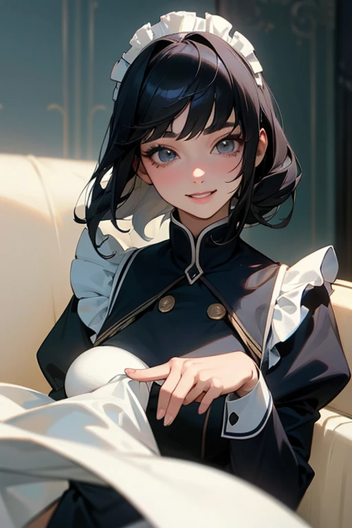 (Highest Resolution, clear_image) highest quality, Single person, One Woman, alone, masterpiece, Very detailed, Semi-realistic, Black Hairのショートヘア, Black Hair, bangs, 18-year-old, mature, light blue uniform, uniform, Indoor Background, kind, Authoritative, powerful, exquisite features, exquisite features、Eyelashes become longer、Showing teeth、smile😀、Maid clothes、Touching hair、