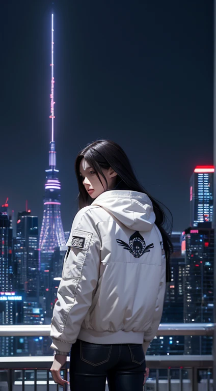 A captivating 3D animated scene featuring a stylish female character with long dark hair, dressed in a trendy white jacket emblazoned with the stylized text 'Anime House'. She confidently poses from the back, facing the audience with a sense of modern anime flair. The dimly lit cityscape in the background showcases the imposing, illuminated 'AH!' sign against the night sky, bearing the creator's signature 'Dragonsteel76'. This visually stunning scene combines cinematic vibes, illustration, and product promotion, delivering a dynamic and eye-catching experience that immerses viewers in the world of anime, fashion, and urban design., photo, illustration, product, 3d render, fashion, poster, vibrant, cinematic, anime