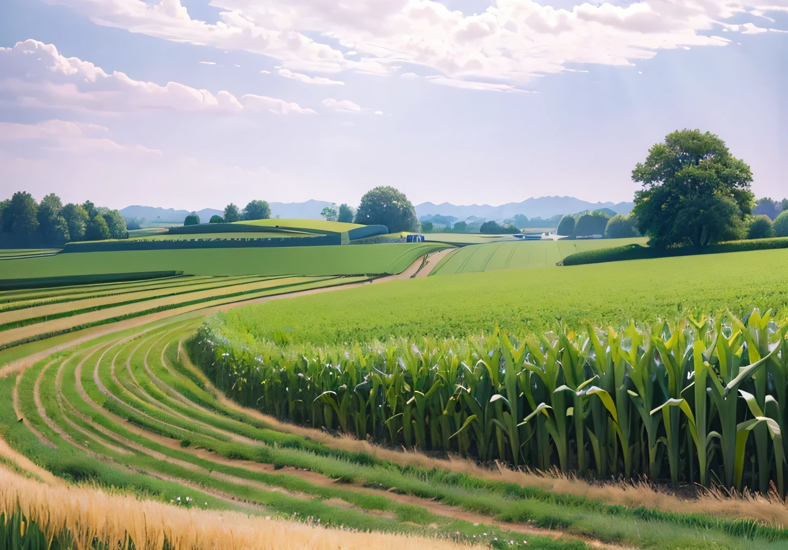 A field of corn,There is a field path in the lower right corner of the composition,farmland,Low Angle of View,Hyperrealistic style,unmanned,Realistic painting style