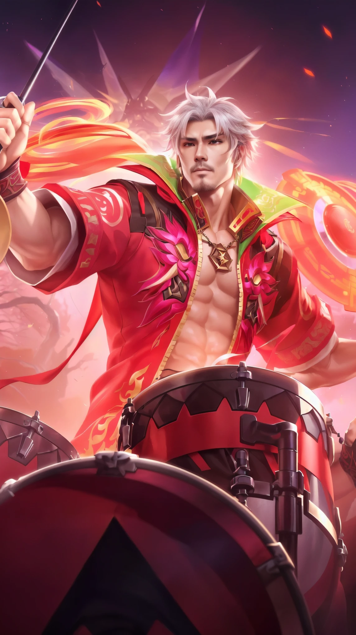 a close up of a man with a drum and a sword, inspired by Huang Shen, heise jinyao, inspired by Pu Hua, olchas logan cure liang xing, extremely detailed artgerm, sun wukong, rossdraws cartoon vibrant, ig model | artgerm, official splash art, sakimichan frank franzzeta