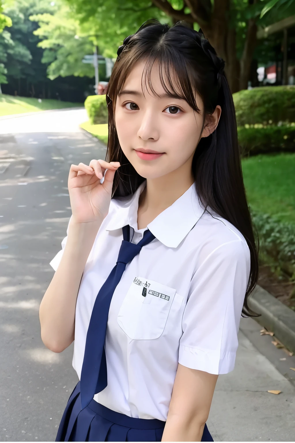 ((highest quality)), ((masterpiece)), (detailed), 完璧な顔 15歳アイドルのような可愛い20歳 優しい笑顔 警察官のdetailedな制服 ミニスカート 胸を見せる 乳首を見せる 全身像 都会の歩道 リアルスティック 本物