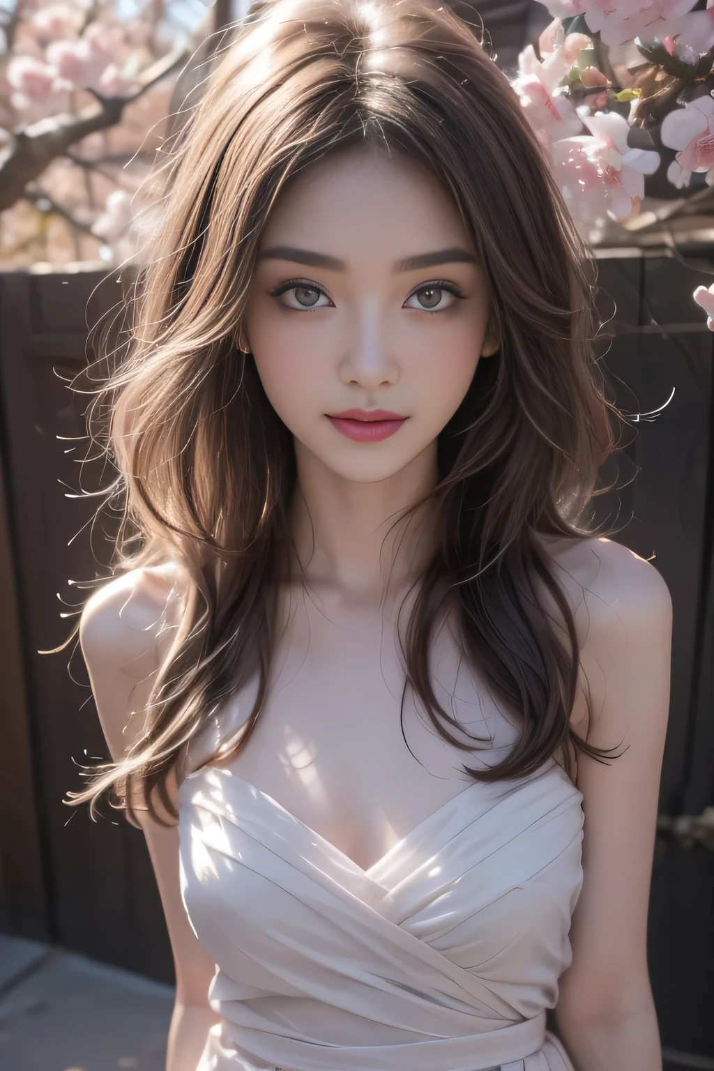 (1 girl:1.3), Solitary, (((Very rich facial details))),((The eyes and face are very detailed))),(Full body portrait:1.5)(Light pink hair:1.5), (Pink Eyes:1.5), Pink and white, Sakura Leaves, Vibrant colors, White Dress, Paint splatter, Simple background, Ray Tracing, curls