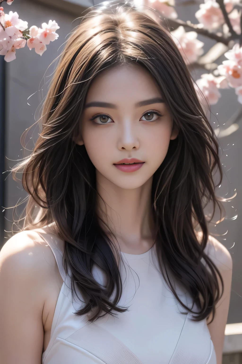 （1 girl：1.3）， Solitary， （（（Very rich facial details））），（（The eyes and face are very detailed））），（Full body portrait:1.5）（Light pink hair:1.5）, （Pink Eyes:1.5）, Pink and white, Sakura Leaves, Vibrant colors, White Dress, Paint splatter, Simple background, Ray Tracing, curls
