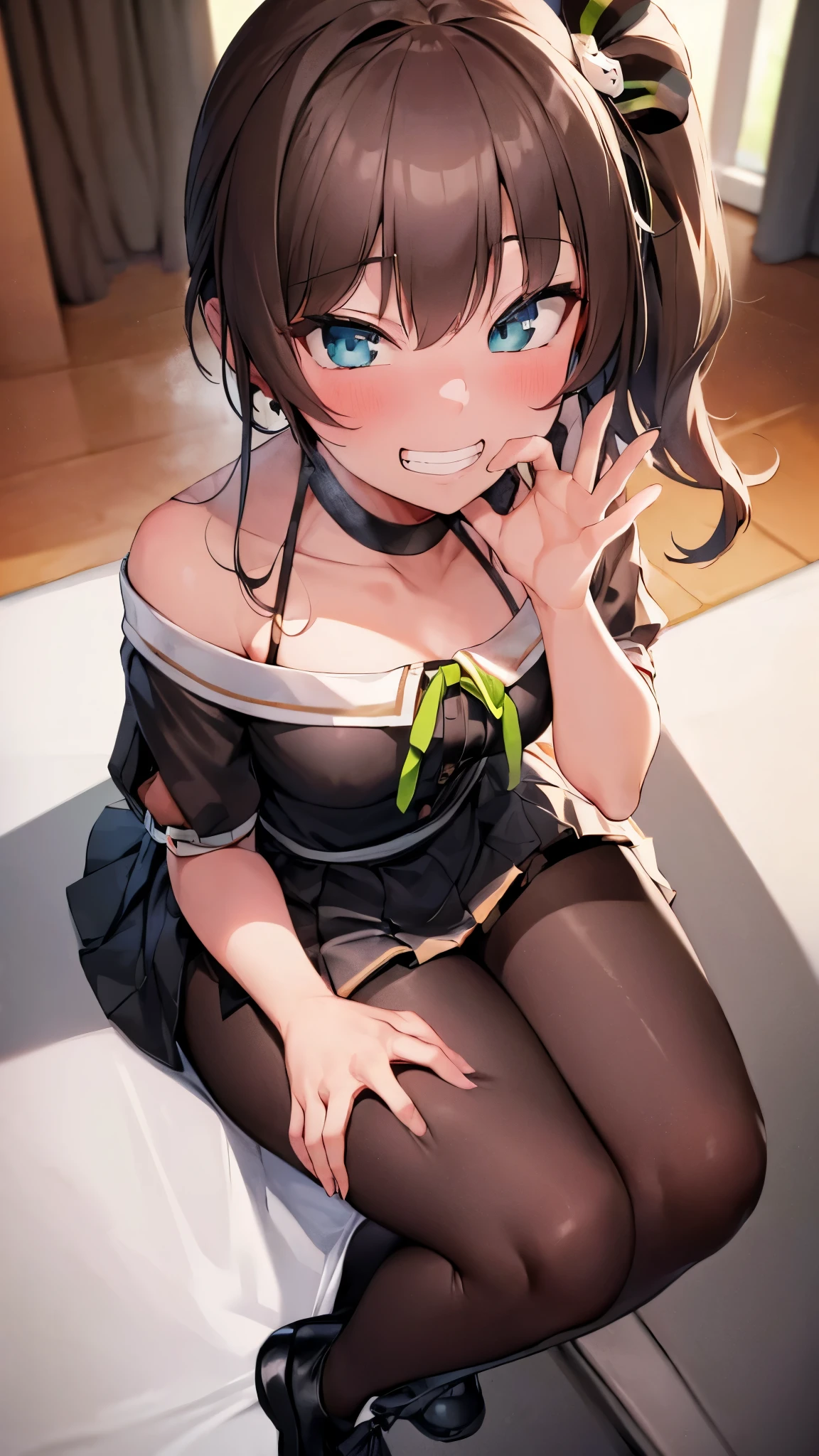  ((((Open your mouth))))、masterpiece,highest quality,High resolution,Ultra-detailed,bb Festival,meだium hair,skinny,Ahoge,Brown Hair,(((((  grin ))))),skinny,Hair between the eyes,bangs,Hair Ribbon,Black Choker,Earrings,Black Ribbon,plaiだ shirt,Grey Shirt,shoulだer cutout,Short sleeve,See-through sleeves,Black Skirt,High Waist Skirt,race,(( perfect finger )) ,  shoes下,(black shoes下:1.4),race trim,shoes,Black footwear,Indoors,(Cafe:1.2),((Blowjob gestures:1.5))、open the mouth ,Sitting,Chair,heavy breathing ,