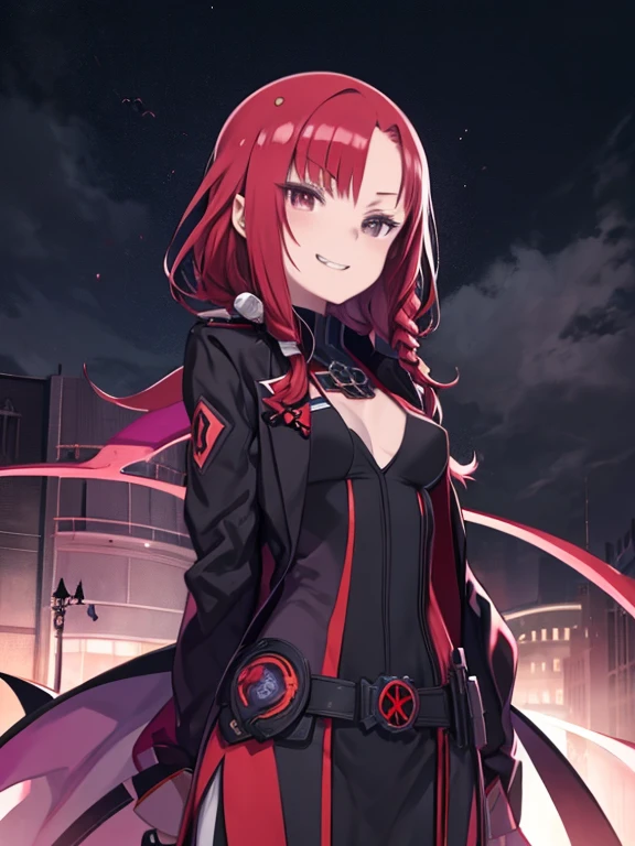 anime character Redhead and a black jacket, Redhead, Pretty anime women, Female Anime Characters, One girl, alone, Suho Mikoto, k project, (((vampire))), insanity, Malkavian, Background city, (night), Grin, Cowboy Shot, Dynamic Lighting