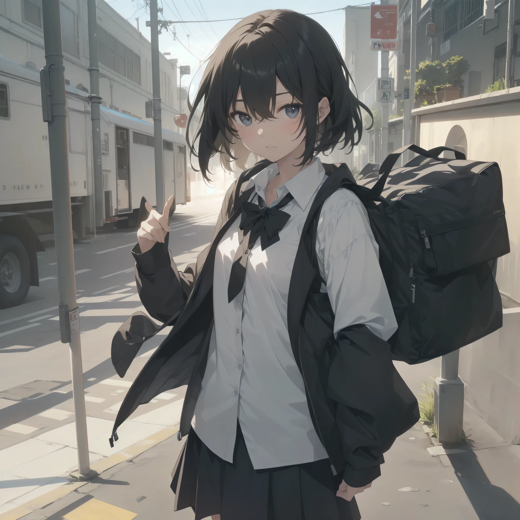 ultra-absurdres-Top quality by artist God, ultra-detailed, high resolution, anime moe artstyle, best anime 8k konachan wallpaper, pixiv contest winner, pool:2810, perfect anatomy,break, 1girl, (Please draw a girl walking sleepily to school alone. )break,(Solo,little female, 13-year-old:1.3),Full limbs, complete fingers,a junior high school student, (very short hair), short cut, flat chest, , small butt, small black eyes, beautiful detailed eyes, well-proportioned iris and pupils, expressive eyes, highres detailed hair, soft expression, school_uniform, bowtie, collared shirt. pleated skirt,(Detailed Lighting), (Detailed background), in the School commute route. break,super detailed skin, Best cinematic lighting powered by famous artist, 8k,beauty illustration,photoshop_(medium),very aesthetic,break,((artist:ningen mame )), artist:bolze ,artist:oyari ashito ,artist:kantoku ,