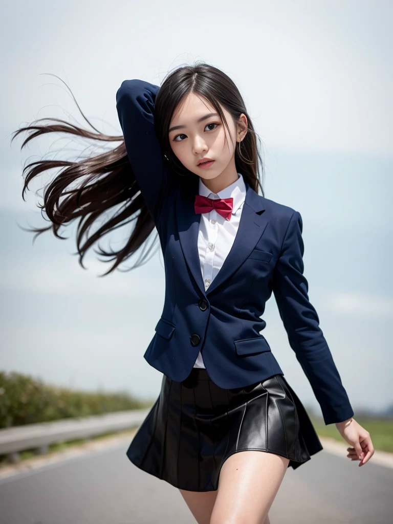 (masterpiece, highest quality:1.4), award-winning portraits, 8K, 85mm, alone, beautiful face, delicate girl, , (dark navy blazer jacket), dark navy skirt, long sleeve, violaces, gardenia, grace, Sophisticated, cute, , looking at the viewer, 15 yw photo, disorganized, HDR, sharp focus, A bow tie, background bokeh、(((flat 、thin and delicate body、A childish atmosphere)))、Her shiny semi-long hair is tied up、hair swaying in the wind、Mole on the left cheek、large, round, dark blue eyes、full body、random pose、Run、sprinting、Skirt fluttering in the wind、Junior idol、Nogizaka Idol、widening skirt、jump、mole under eye、sexy、white underwear