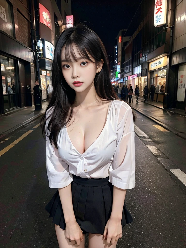 highest quality, masterpiece, shape, Realistic, photo-Realistic, wonderful, finely, Very detailed, High resolution, Very detailed, unity 8k wallpaper, Full body shot of a beautiful young woman with Korean-style features resembling a popular actress, blouse, mini Pleated Skirt ニーハイソックス, ((Very small breasts)), thin, She has pink and bluish eyeshadow, bangs, Black Hair, Long Hair, head, look up, night, On the streets of Shibuya, Stand up and look here, Narrow eyes, 細長い目のshape, Three white eyes, Confident expression, Evil look, Very slender and beautiful legs, Beautiful and thin thighs, Earrings