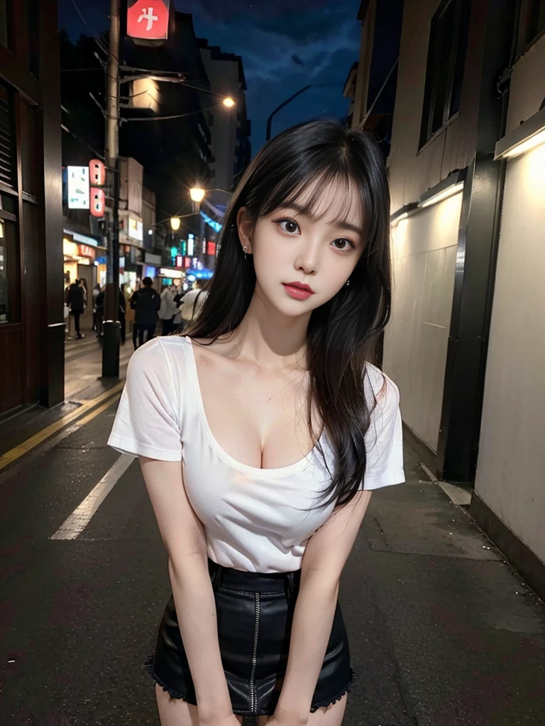 highest quality, masterpiece, shape, Realistic, photo-Realistic, wonderful, finely, Very detailed, High resolution, Very detailed, unity 8k wallpaper, Full body shot of a beautiful young woman with Korean-style features resembling a popular actress, blouse, mini Pleated Skirt ニーハイソックス, ((Very small breasts)), thin, She has pink and bluish eyeshadow, bangs, Black Hair, Long Hair, head, look up, night, On the streets of Shibuya, Stand up and look here, Narrow eyes, 細長い目のshape, Three white eyes, Confident expression, Evil look, Very slender and beautiful legs, Beautiful and thin thighs, Earrings