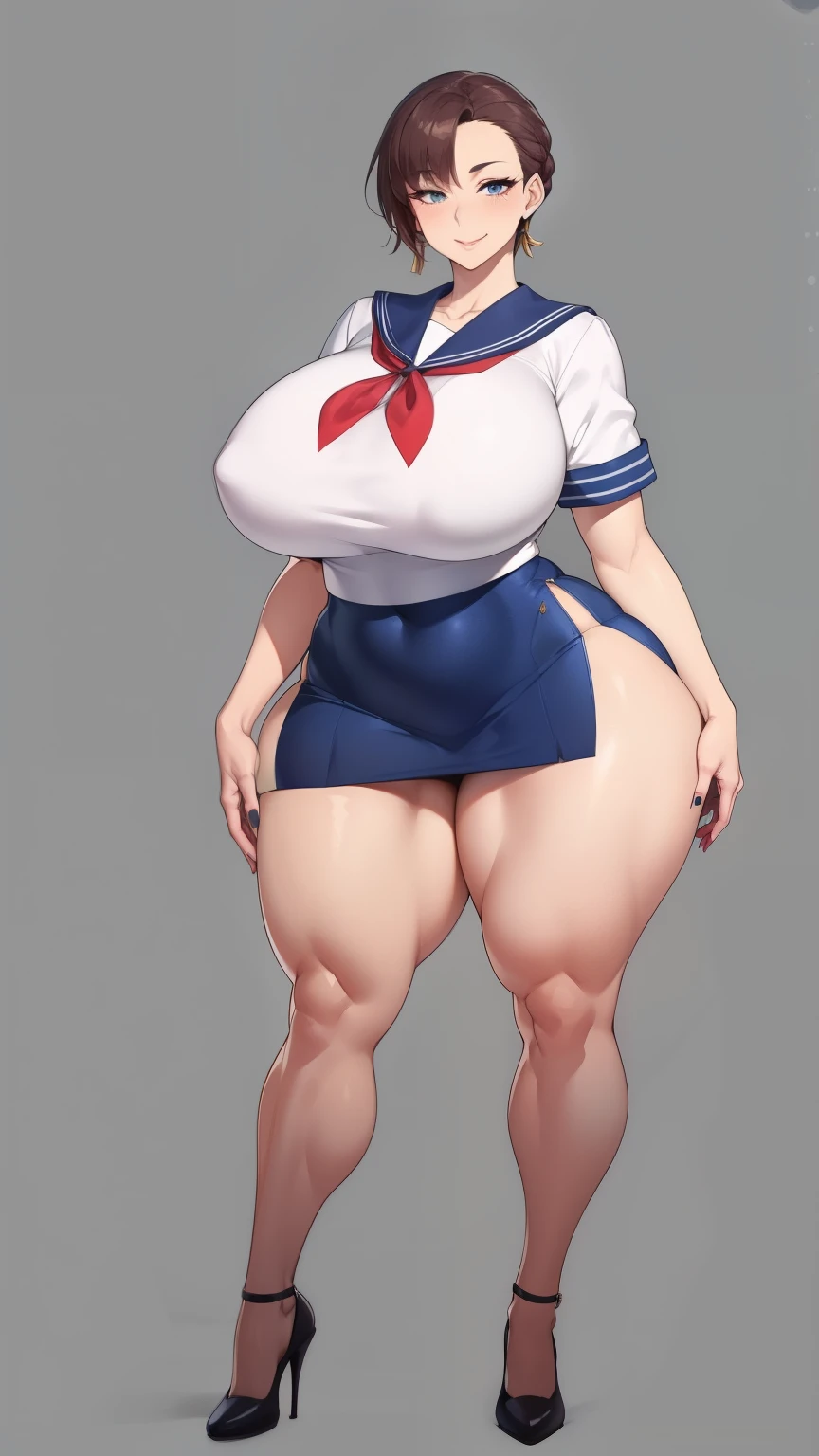 Big Breasts, Big Hips, Full Body Shot, Mature mother, Voluptuous thighs, ox, Seductive mature woman, Perfect body, Plus Size Model, Sailor suit, Wearing high heels,Miniskirt Uniform,