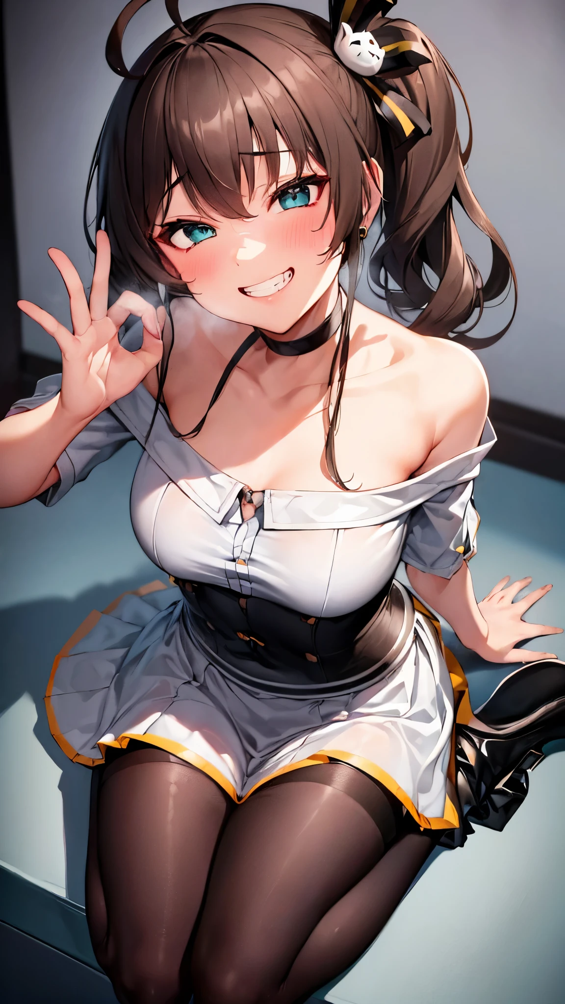  ((((Open your mouth))))、masterpiece,highest quality,High resolution,Ultra-detailed,bb Festival,meだium hair,skinny,Ahoge,Brown Hair,(((((  A grinning face ))))),Hair between the eyes,bangs,Hair Ribbon,Black Choker,Earrings,Black Ribbon,plaiだ shirt,Grey Shirt,shoulだer cutout,Short sleeve,See-through sleeves,Black Skirt,High Waist Skirt,race,(( perfect finger )) ,  shoes下,(black shoes下:1.4),race trim,shoes,Black footwear,Indoors,(Cafe:1.2),((Blowjob gestures:1.5))、open the mouth ,Sitting,Chair,heavy breathing ,