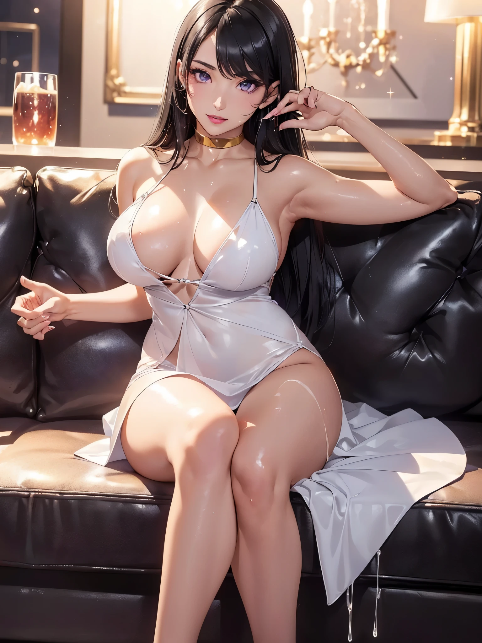 (sit next to:1.3, pov), Accurate human body、Detailed people、Correct five-finger、4K - ultra-vivid、highest quality, masterpiece, Ultra-high resolution, Detailed Background、The perfect background、　　　　　　　　　　　　　　　

(((Oily skin,Sparkling Skin、Realistic skin texture、Detailed beautiful skin、Shiny skin、Slimy skin、Glowing Skin、Shiny skin)))、

((Golden lighting、seductive face、Ecstatic、?????? excitement))

Full Body Shot, Low camera angle, Perfect face and eyes、

(Black straight hair:1.8,   White skin:1.5、cool beauty gyaru:1.5), ((super Slender body、???????????)), (Night dress、split dress、 Sequined white dress :1.5、purple eyes、Fluorescent Pink Lip Gloss:1.3, nightclub:1.5, Night lounge:1.5, luxury, Drunk, drink alcohol, A large  White sofa :1.2、18-year-old)