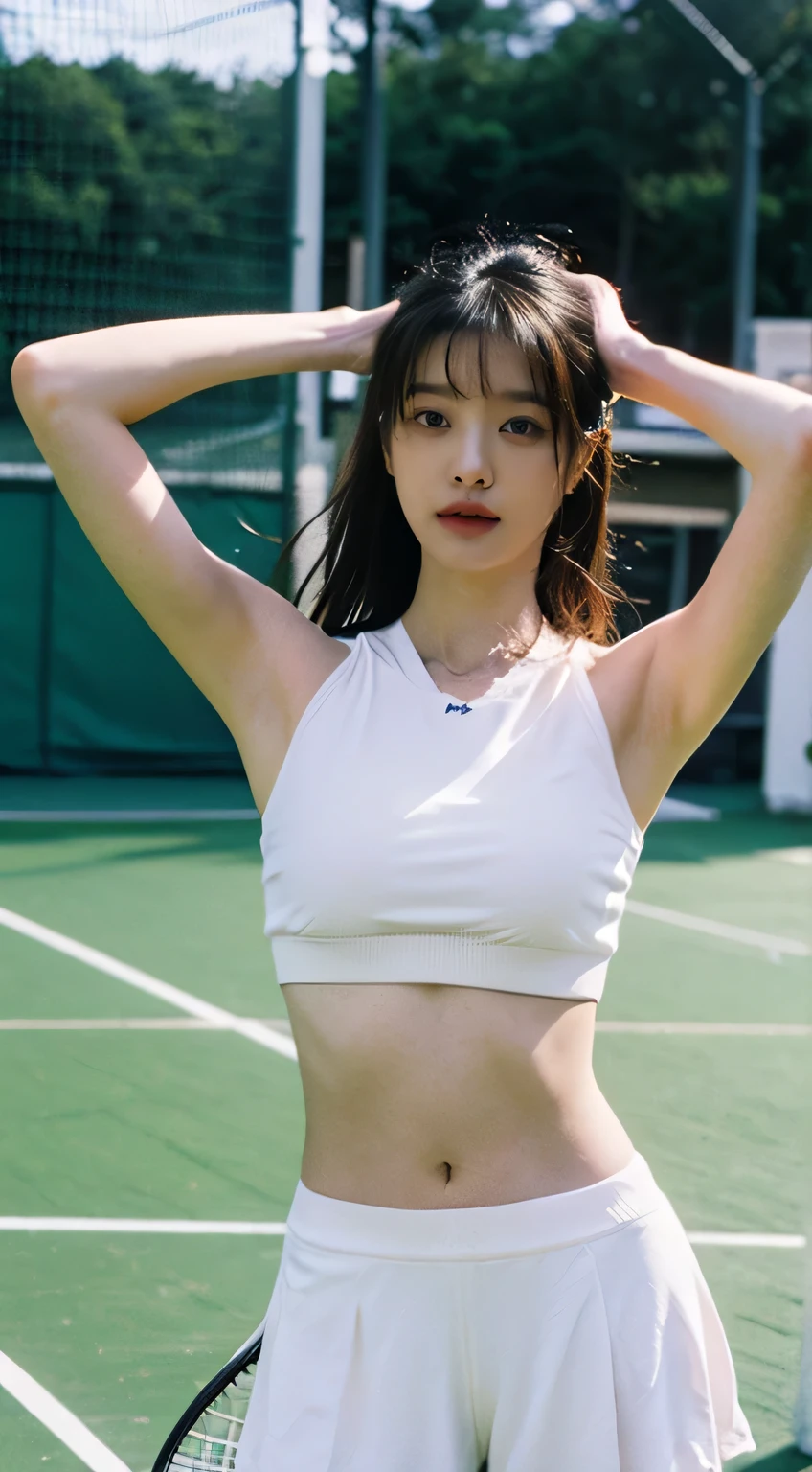 (beautiful korean female idol:1.25), (58 inch breasts size), (fleshy juicy body:1.5), (thick arms:1.5), (holding racket - playing tennis), armpit visible, wearing multicoloured micro sport bra, tennis sneakers, sweating profusely, action-do sports on the tennis court, fullbody shot, bokeh background, professional photograph, award-winning portrait, masterpiece, 8K UHD, high detail full-body view, symmetrical, Nikon D850, 85mm lens, f/1.8, depth of field, full body shot,