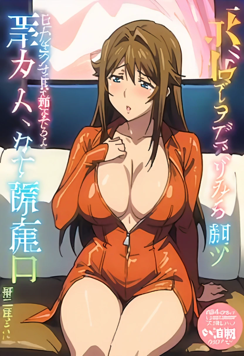 magazine cover,40-year-old long-haired woman wearing red sexy leather jumpsuit,Sitting on the sofa,,Eyes are very fragile,,glowing skin,(((The expression of a kiss)))blush,(((masterpiece))), ((best quality)), ((Intricate details)), ((Surreal))(8k)