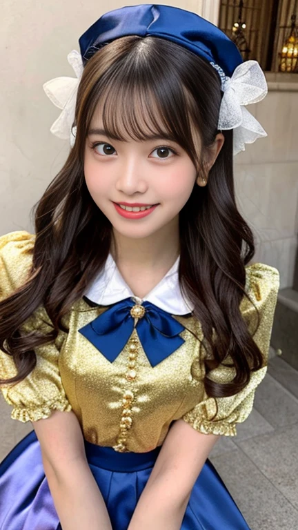 photo realistic, a girl in gold satin dress, , pretty face, Magical Lolita Girl,Lolita Fashion, Colorful frilly satin costume:1.2, smile、Double teeth, detailed Face, detailed Eyes、Drooping eyebrows, blush, break, Bright lighting, diagonal standing pose:1.2, low angle shot:1.6, knee shot:1.7