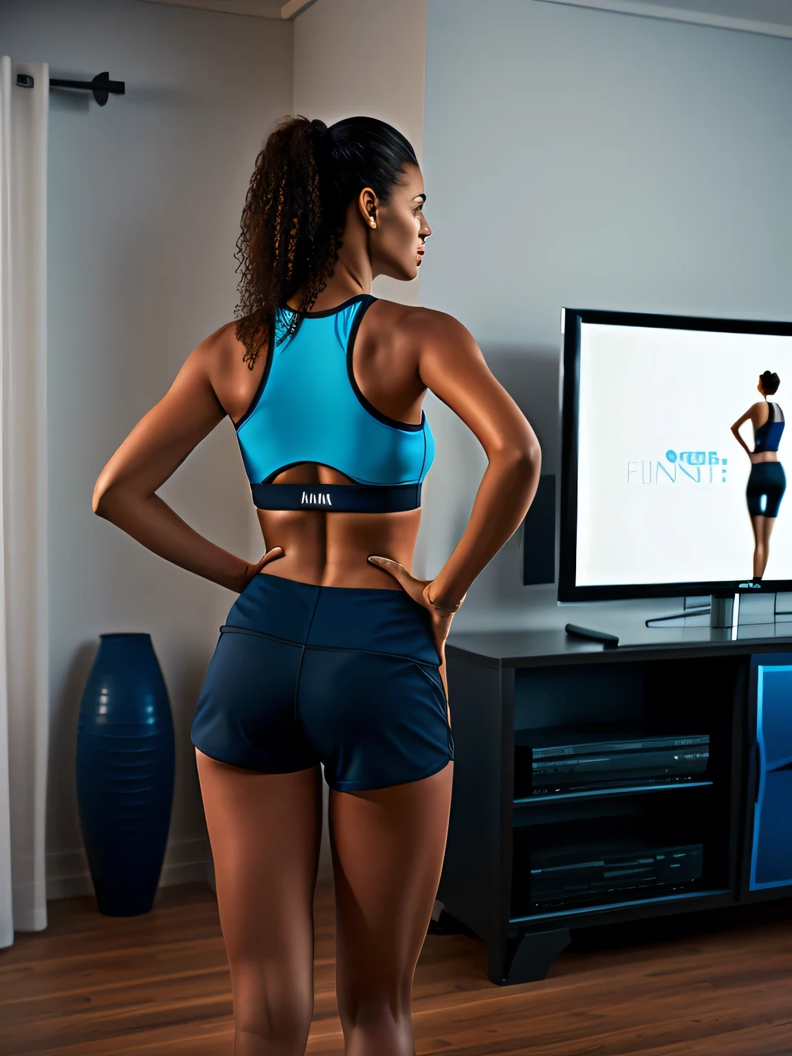 woman in blue tank top and black shorts standing in front of a television, view from the back, back pose, toned derriere, sport bra and dark blue shorts, long shot from the back, seen from the back, wearing fitness gear, distant full body view, from the back, distant full body shot, view from behind, side view of her taking steps