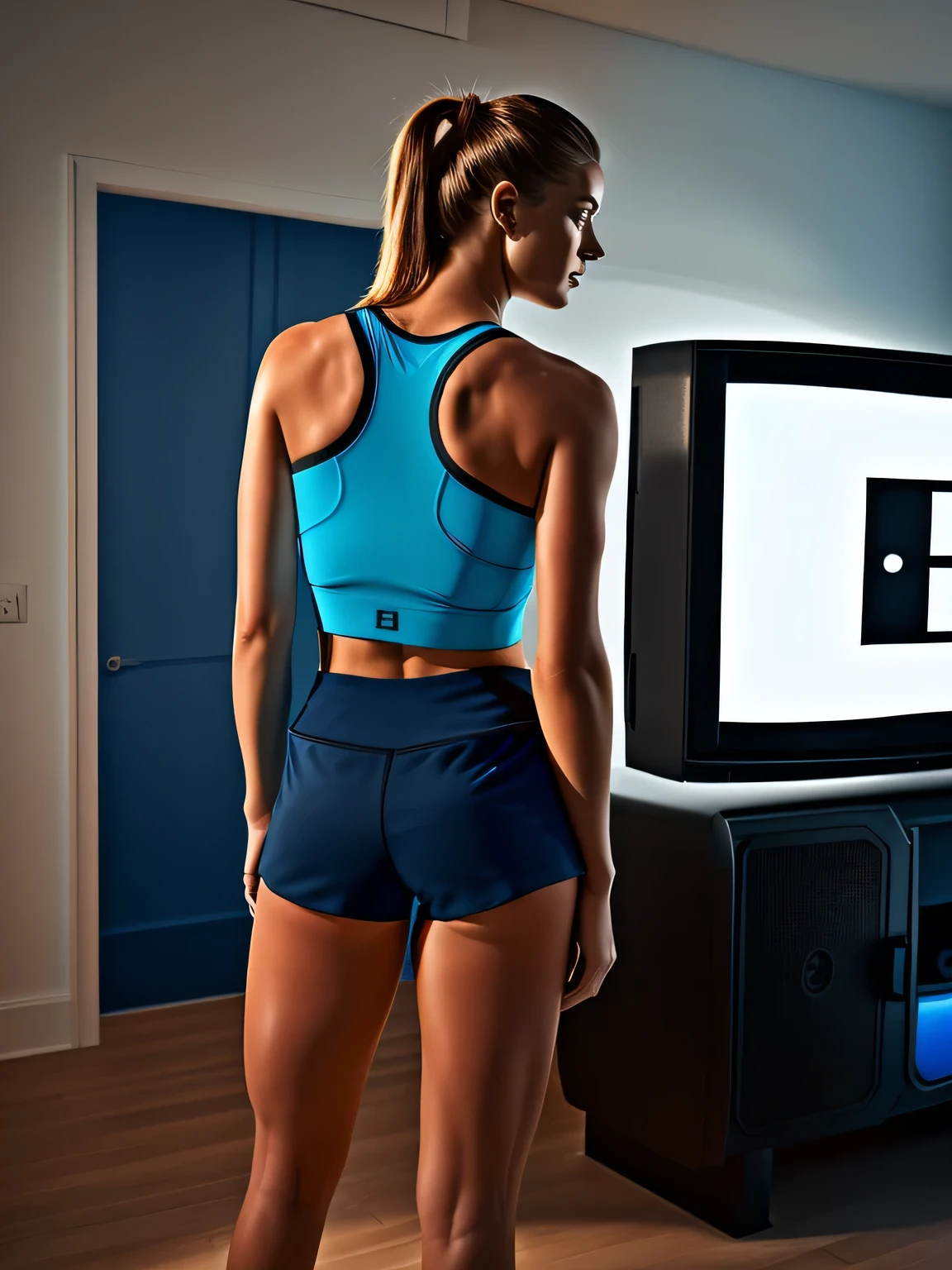 woman in blue tank top and black shorts standing in front of a television, view from the back, back pose, toned derriere, sport bra and dark blue shorts, long shot from the back, seen from the back, wearing fitness gear, distant full body view, from the back, distant full body shot, view from behind, side view of her taking steps