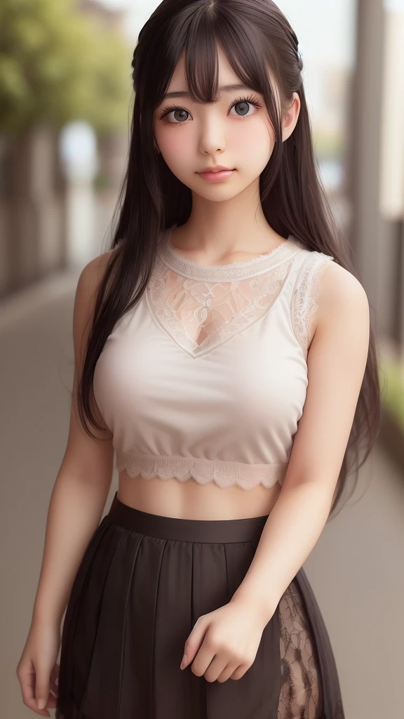 ((sfw: 1.4)),((detailed face, professional photography)), ((sfw, lace queen, grid girl, skirt, sleeveless, 1 Girl)), Ultra High Resolution, (Realistic: 1.4), RAW Photo, Best Quality, (Photorealistic Stick), Focus, Soft Light, ((20 years old)), ((Japanese)), (( (young face))), (surface), (depth of field), masterpiece, (realistic), woman, bangs, ((1 girl))
