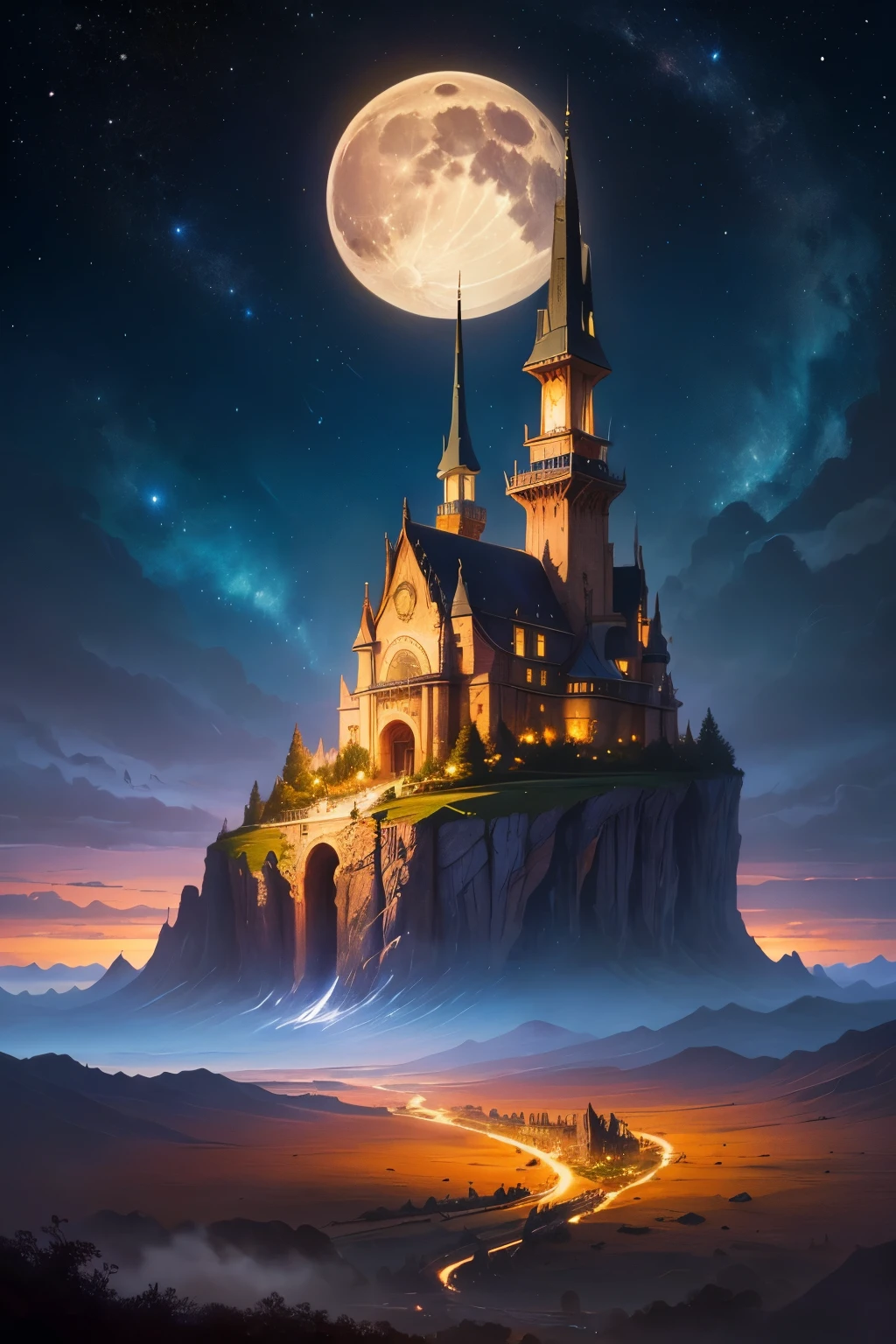 ((highest quality)), ((masterpiece)), fantasy art, starry skies, full moon,landscape