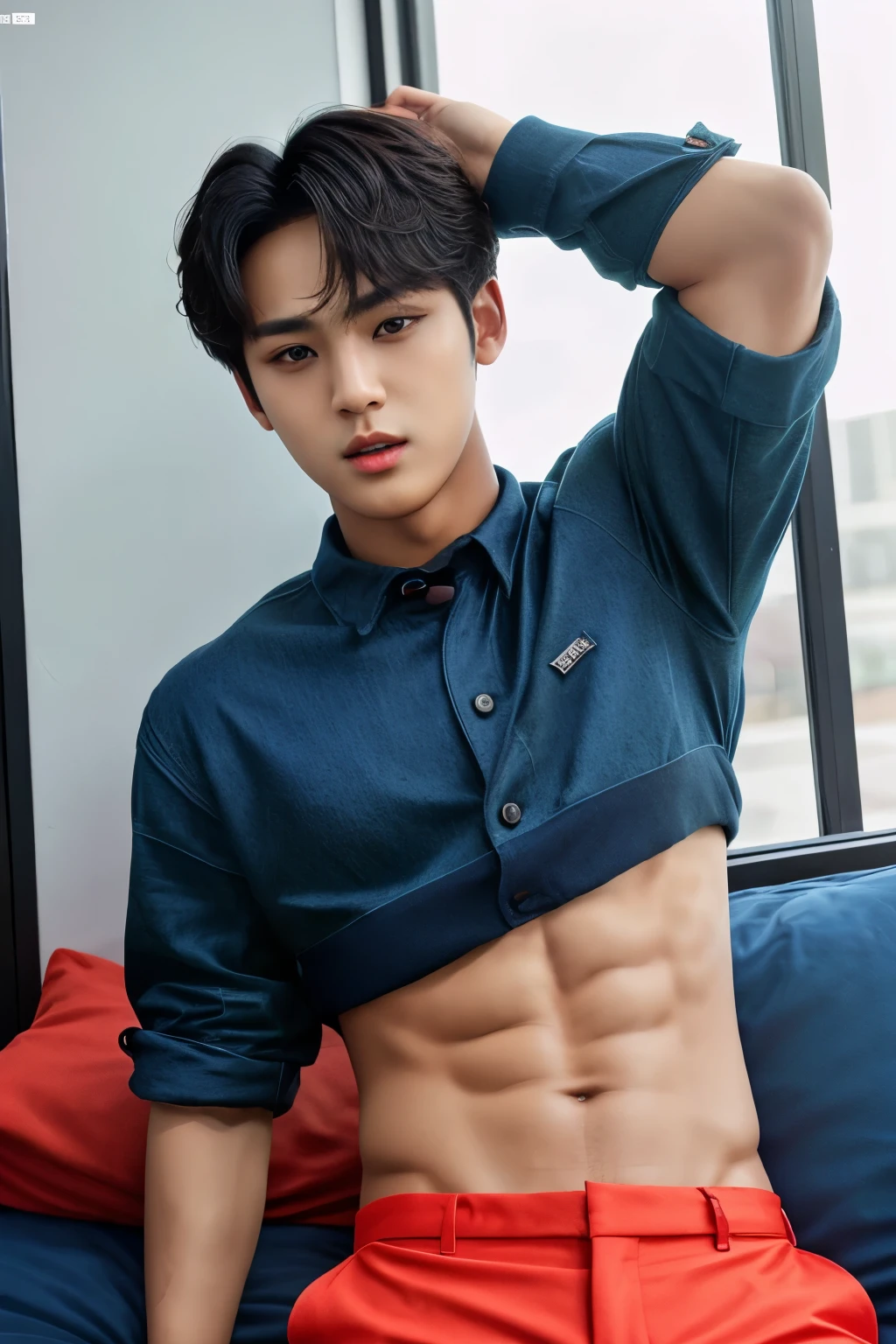 nsfw, v-shape of face, handsome Korean teenager, 18 years old, blue hair, muscular body, topless, tight white brief underwear, Lie on your back on bed, long bulge tight, oily skin, white skin, body hairless, looking viewer, very sexy, detailed bulge, photograph, realistic, horney face, rise hips up