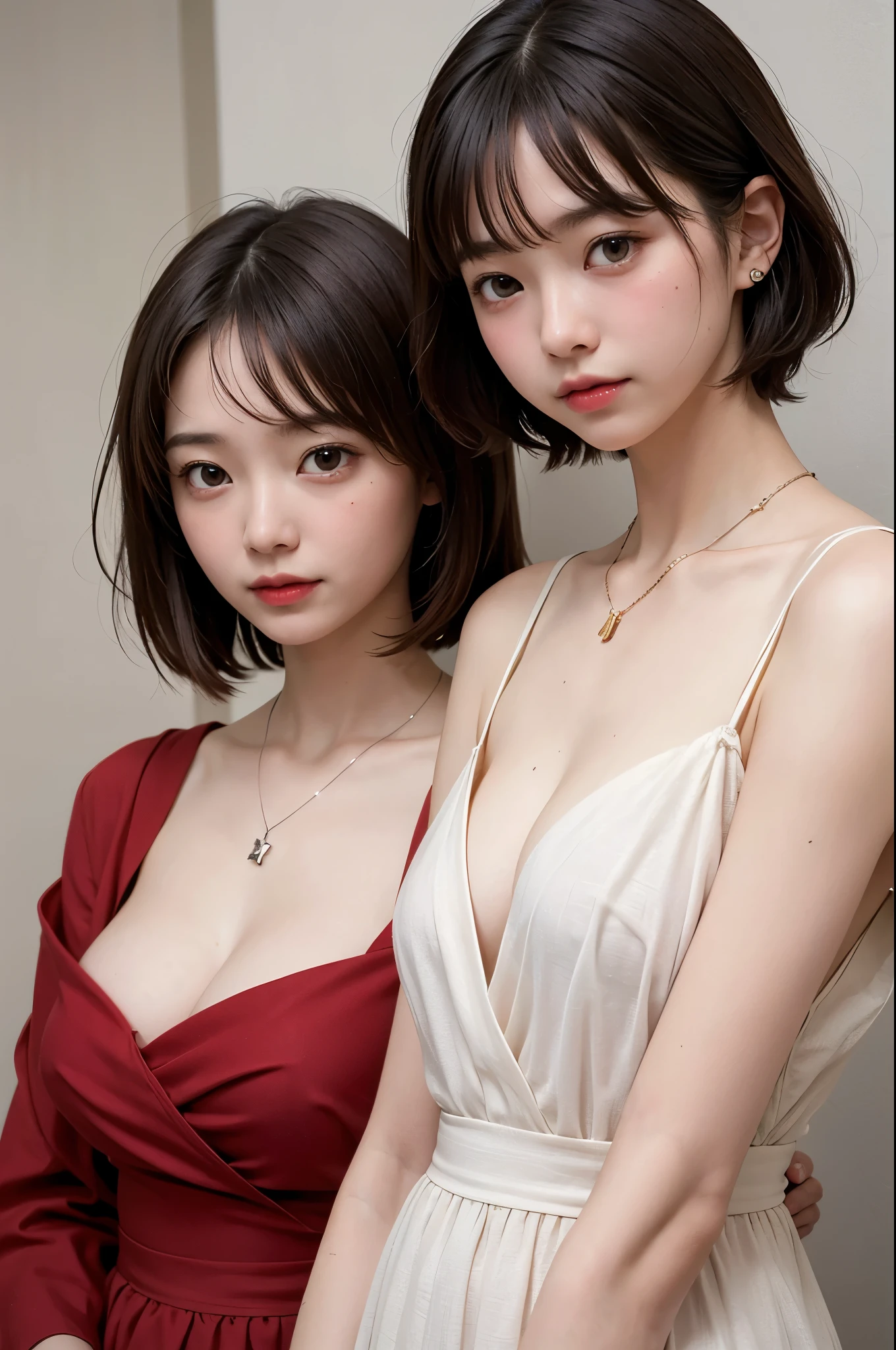 (masterpiece),(highest quality:1.1),(Very detailed), In detail, slim,(Very delicate and beautiful face), (Short eyelashes), 、Japanese women、very cute, Party Dresses、(short hair, messy hair), medium breast, The corners of the mouth are slightly raised, nsfw, (embarrassed)、Thin Necklace