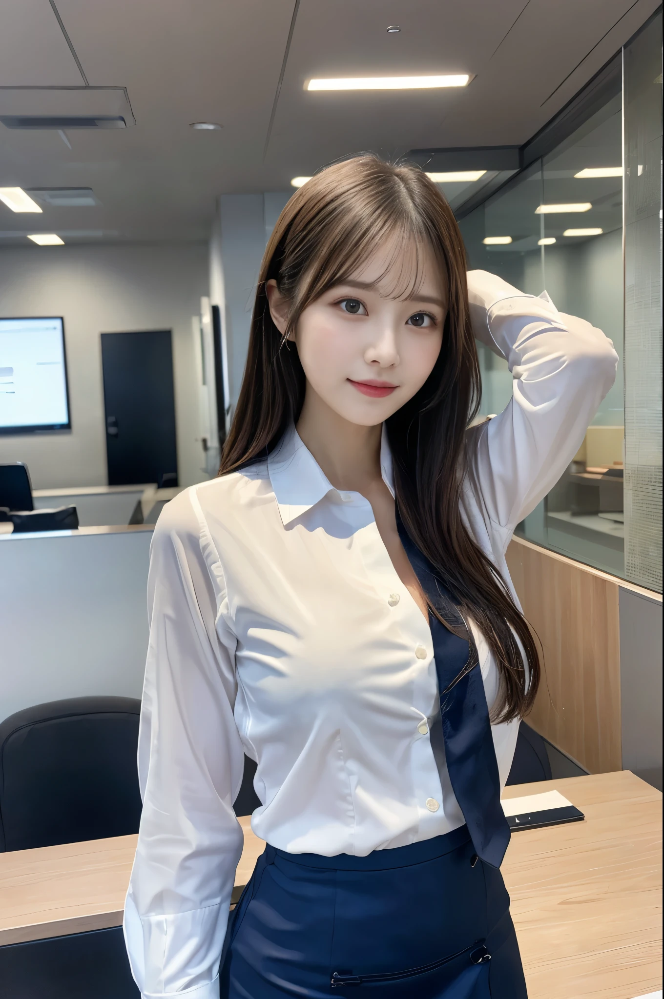 (1 Female), beautiful, (highest quality:1.4), (Very detailed), (Very detailed CG 統合 8k 壁紙), Very detailed, High-resolution RAW color photos, Professional photography, Great face and eyes, compensate, (驚くほどbeautiful女の子), ((suit)), ((mini skirt)), (A business shirt with a wide open chest:1.3), (Sales Office:1.3), (:1.3), Business Desk, ((Put your arms forward)) Windows, Computer, View from below