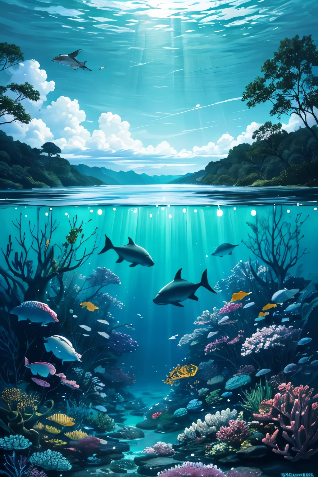 ((best quality)), ((masterpiece)), (detailed), (4K resolution), (high definition), (meticulous detail), (vibrant colour), (HD quality), (ultra high res:1.4), (masterpiece), (beautiful lighting:1.4) , lush greenery, amazon river, blackish water, rainforest, Bright sunlight illuminates the crystal-clear water, (deep underwater), anime, half above water and half below water , (clear underwater), beautiful sky with clouds, fish , amazon dolphin, depth