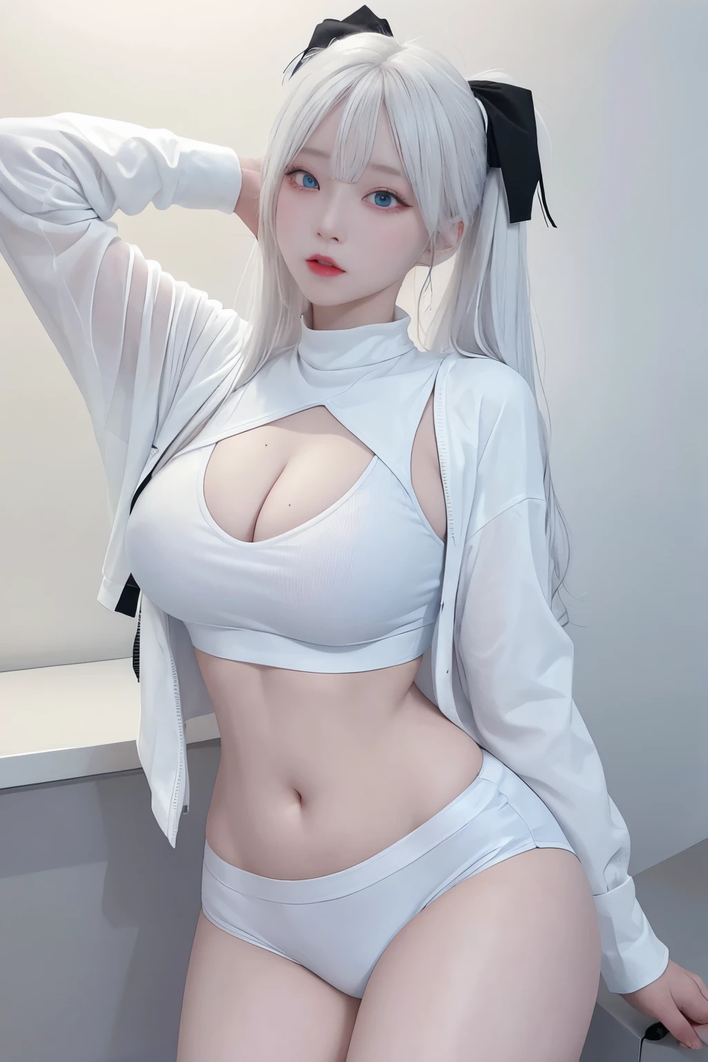 photorealistic, high resolution, 1 girl, white hair, korean, blue eyes, white sexy shirt, skimpy tight black shorts, thick thighs, crop top sexy