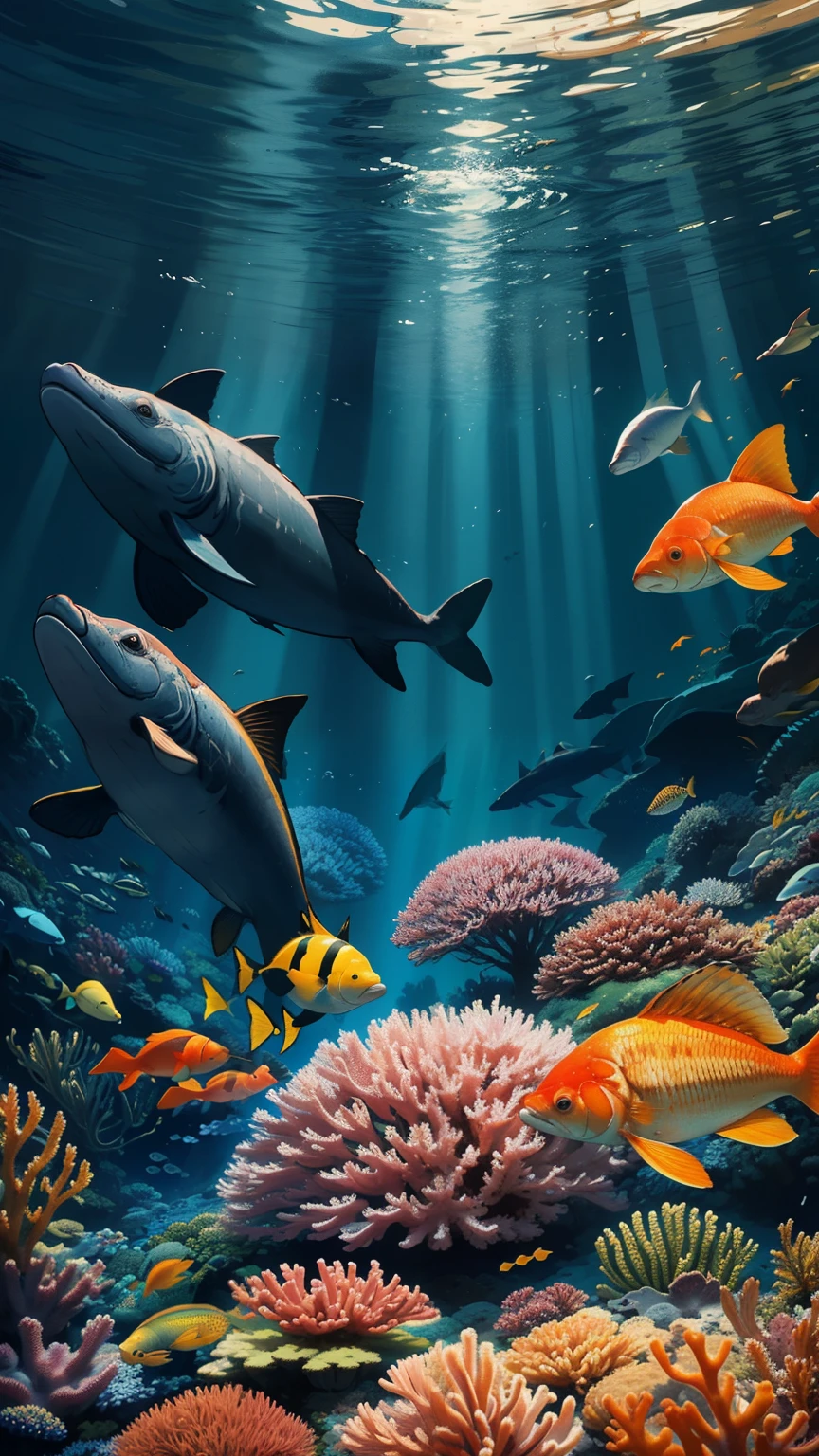 ((best quality)), ((masterpiece)), (detailed), (4K resolution), (high definition), (meticulous detail), (vibrant colour), (HD quality), A conceptual art that shows an underwater scene full of life and colors, with different types of marine animals, such as fish, corals, turtles, dolphins, whales, etc. Art should convey a sense of harmony, beauty and diversity, using creative shapes, textures and contrasts.
Modifiers:
elegant intricate 8k very attractive beautiful high detail dynamic lighting award winning fantastic view ultra detailed colourful hdr flowing