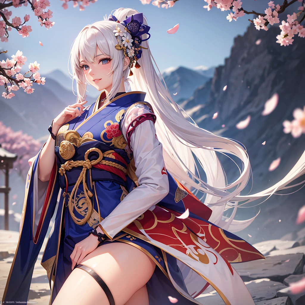 An anime girl, with a warrior's spirit and a level upper's determination, let her martial arts skills take her course. Dressed in a traditional avant-garde kimono-inspired outfit, intricately patterned with cherry blossoms and dragons, she exuded confidence and grace. Her long, silky hair flowed behind her, catching the wind and creating a scene reminiscent of a painting. With a seductive smile playing at the corners of her lips and her eyes bright with focus, she fearlessly faced the unknown challenges ahead. The background was a breathtaking blend of vivid colors and hyper-realistic details, featuring a serene landscape with a tranquil