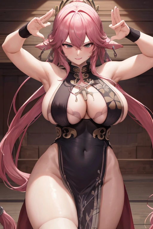 masterpiece, best quality, beautiful art, high resolution, well formed hands, body and fingers, 1 woman, solo, Yae Miko, grown up, adult, big breasted, cleavage, full body, , wearing a Bremerton kung Fu cruiser outfit, sexy and skimpy chinese dress outfit , long hair, hair ornament, gorgeous legs and thighs, she is fighting in a combat match at a martial arts tournament, she is getting ready to fight, making her guard pose, action and fighting scene, about to hit the viewer, looking at the viewer, sweating , feeling confident and proud, smiling joyfully and happily, charming her opponent with her beauty, bouncing breasts, fighting scene, martial arts tournament on the beach