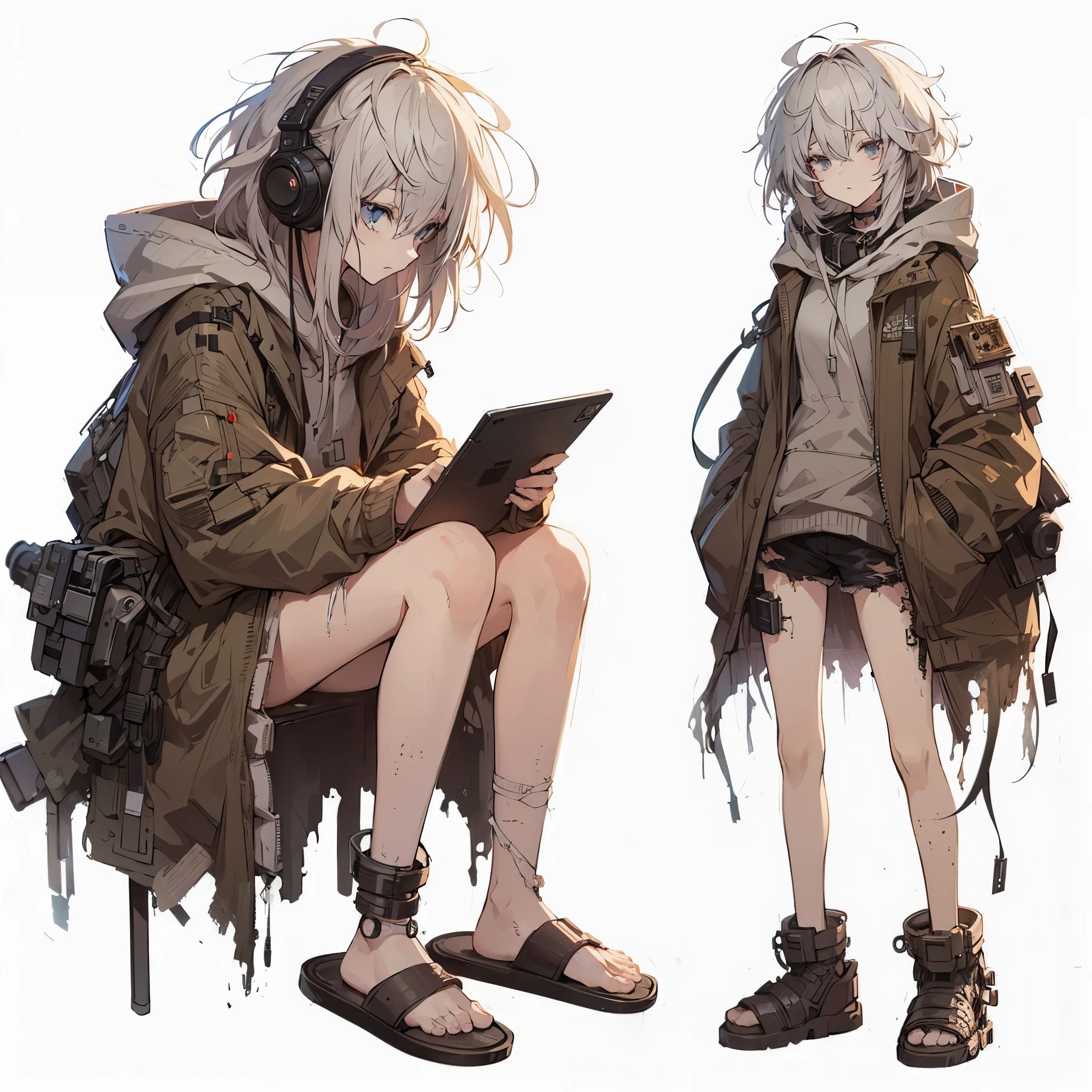 (Masterpiece, top quality), (detailed hair), super detailed, anime style, full body, solo, concept art, Cyberpunk hacker girl with shaggy white hair, a drab hoodie, indoor slippers, and a tablet device, white background, whole body, standing in wasteland,