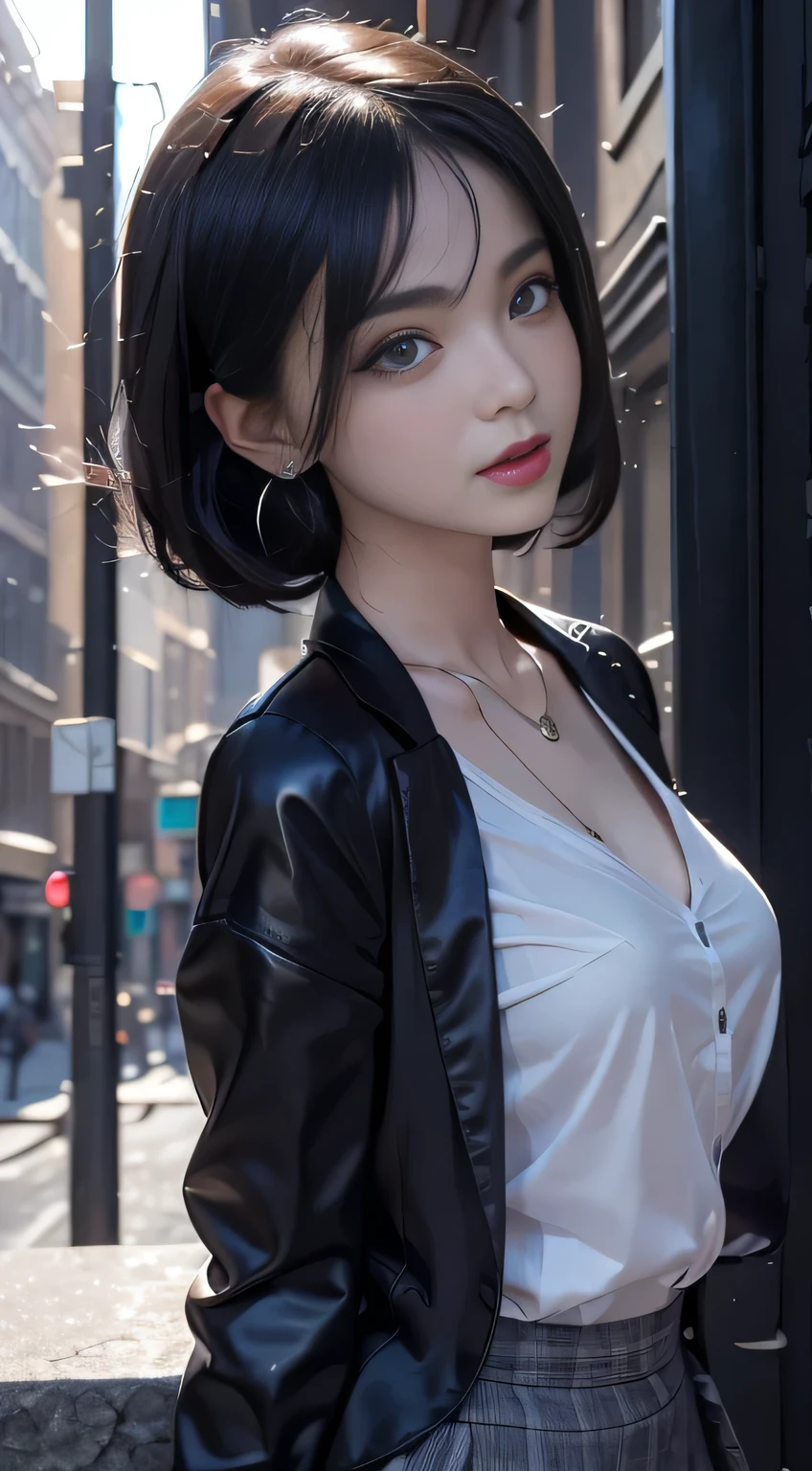 (original photo, high resolution, best quality, masterpiece), (Realistic details, Surrealism, Reality: 1.3), 1 Girl, Very delicate and beautiful, Beautiful and meticulous girl, The eyes and face are very detailed, ((Triangular face)), Beautiful and delicate eyes, (((fit, Skinny, Thin waist))), Large Breasts, ((Button-down shirt with black blazer)), ((black tulip skirt)), Fashion pendant, black earrings, charming, Natural Makeup, Pink shiny lips, (Stylish Orange Pink Bob Hair), Perfect style, (Morning outdoor low light background), CG, 8k, Surreal, best quality, Ultra Detailed