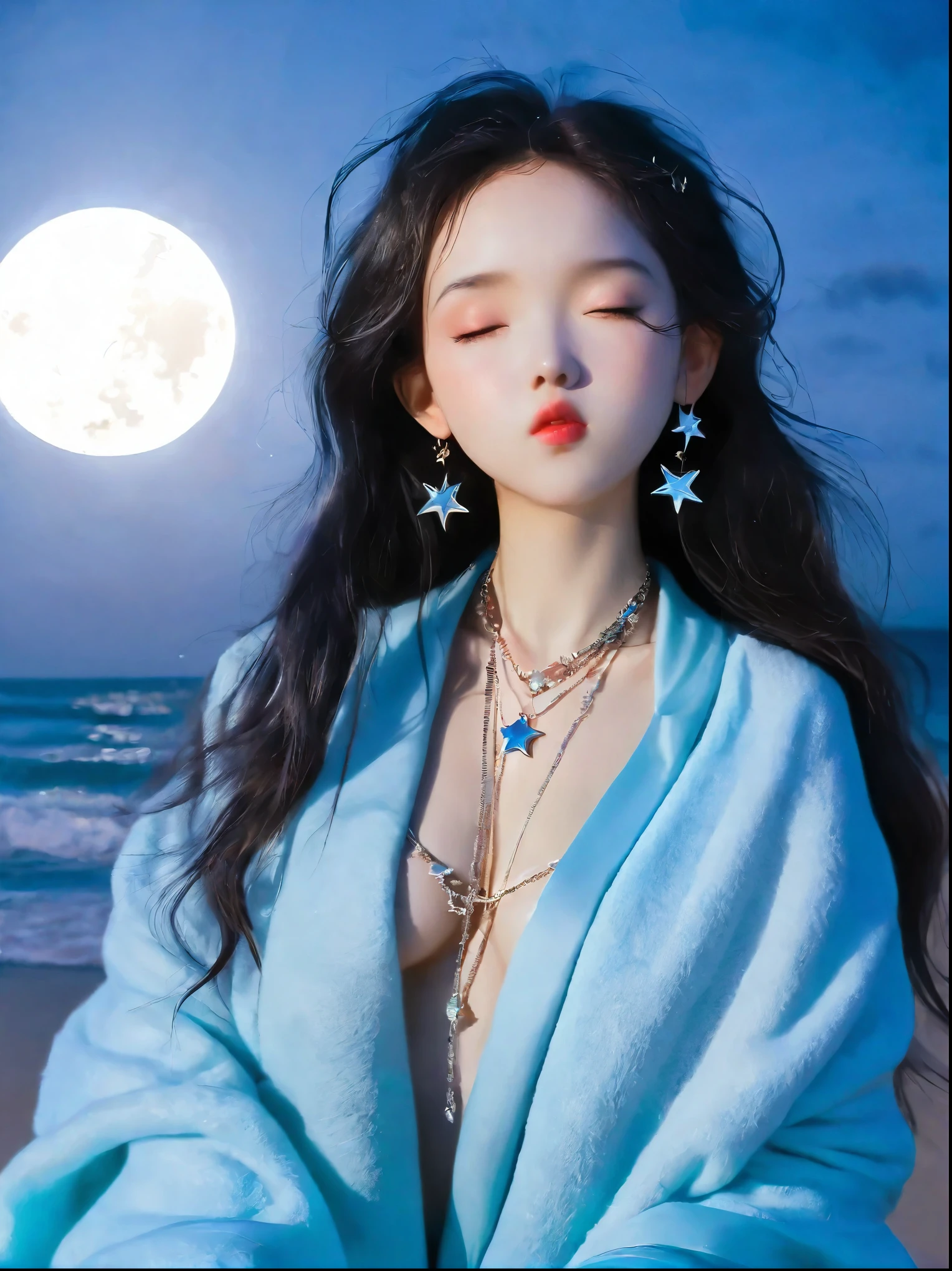 masterpiece,actual,dark,Blue tint,Surrealism, Star Halo, In the bright embrace of the moonlight serenade, 1girl, Long hair, Black Hair, (Close one eye:1.6), (Hiding in a blanket:1.4), stare,Looking at the audience, Realist Artist, (Head chain, (jewelry:1.3):1.1), necklace, Suspenders, (translucent:1.2),seaside,Beach,Pouting cute little mouth, faint blush, Proud, Cartoon Style, full-body shot, Created with C4D and Blender, Blind box toy styles, Super Detail, Anatomically correct, masterpiece, precise
