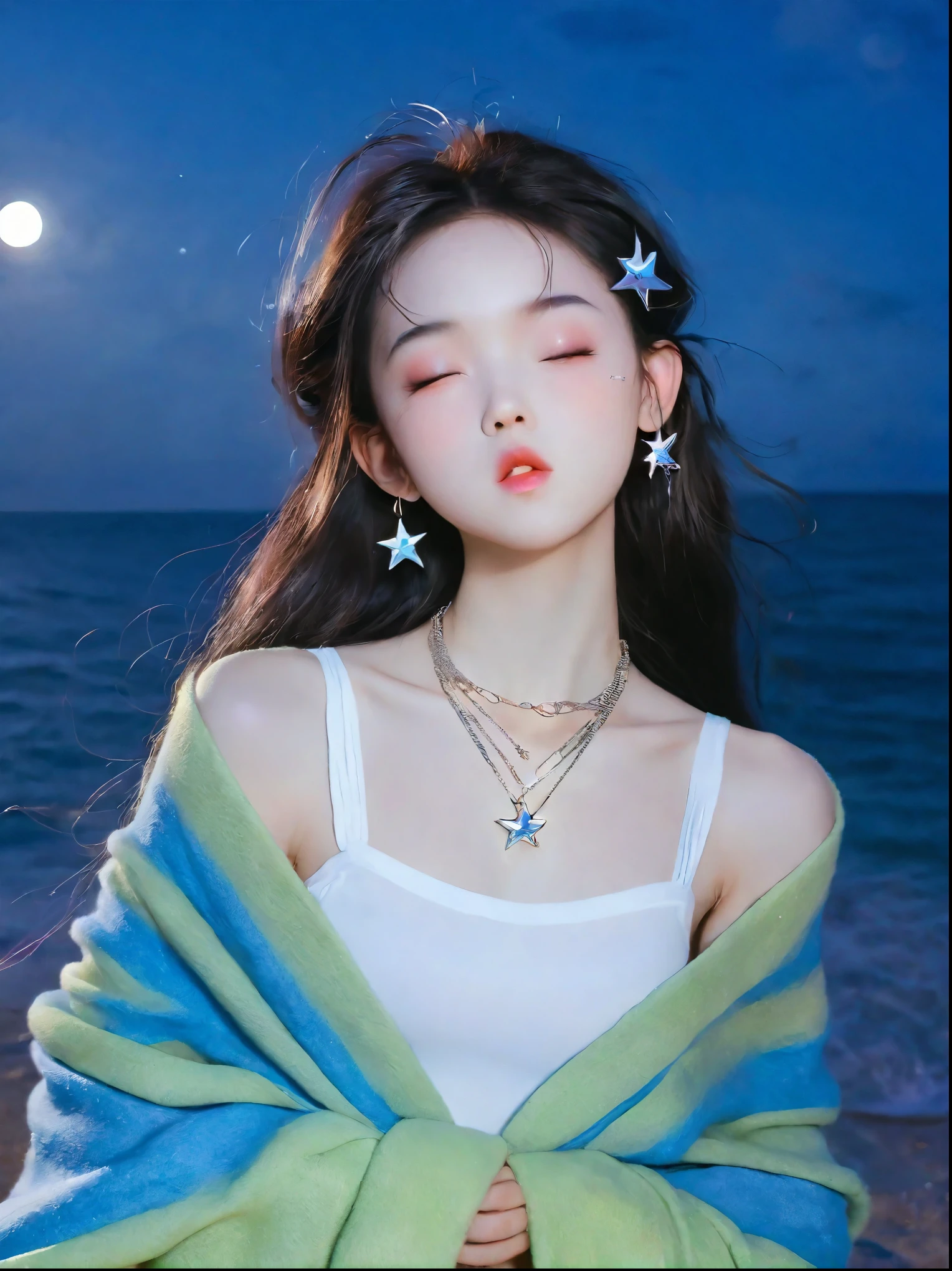 masterpiece,actual,dark,Blue tint,Surrealism, Star Halo, In the bright embrace of the moonlight serenade, 1girl, Long hair, Black Hair, (Close one eye:1.6), (Hiding in a blanket:1.4), stare,Looking at the audience, Realist Artist, (Head chain, (jewelry:1.3):1.1), necklace, Suspenders, (translucent:1.2),seaside,Beach,Pouting cute little mouth, faint blush, Proud, Cartoon Style, full-body shot, Created with C4D and Blender, Blind box toy styles, Super Detail, Anatomically correct, masterpiece, precise